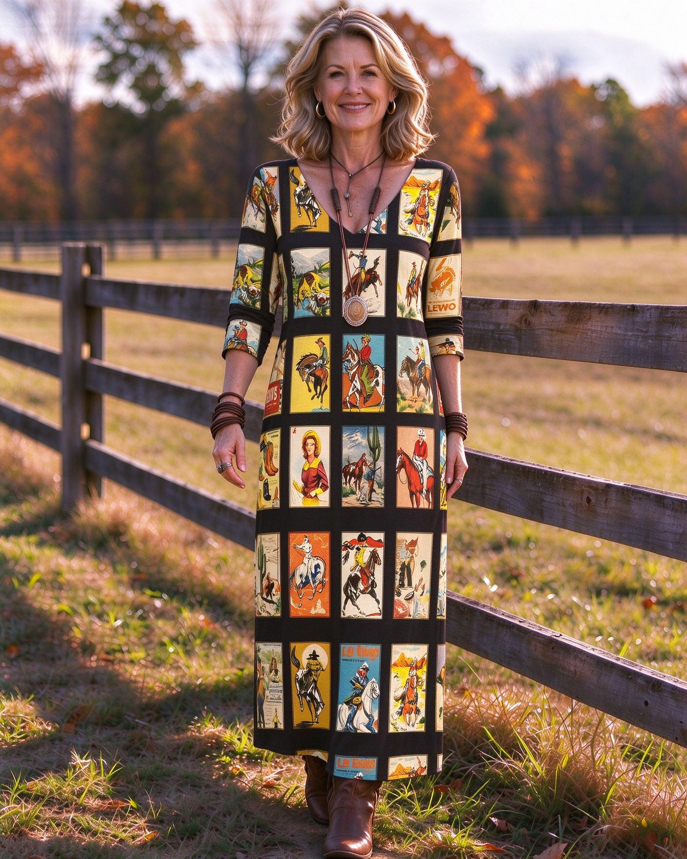Vintage Western Cowboy Comic Strip Tile Collage  Western V-Neck Printed Dress | Allover Print