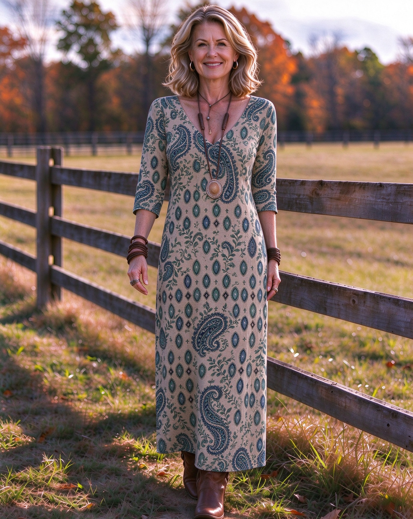 Vintage Green Paisley Flowers Western V-Neck Printed Dress | Allover Print