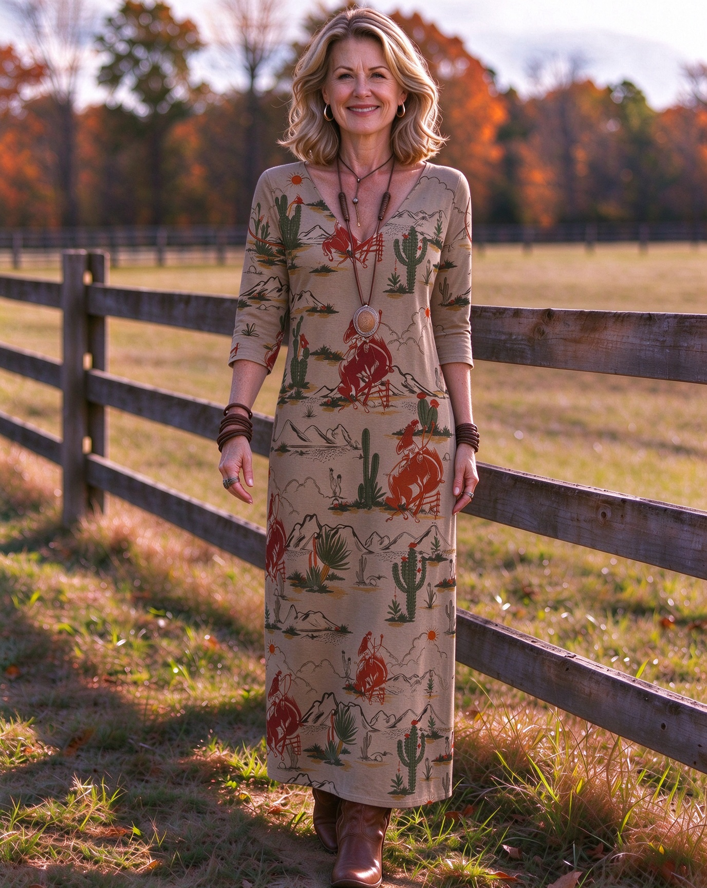 Desert Wild Horse & Cactus Landscape Western V-Neck Printed Dress | Allover Print