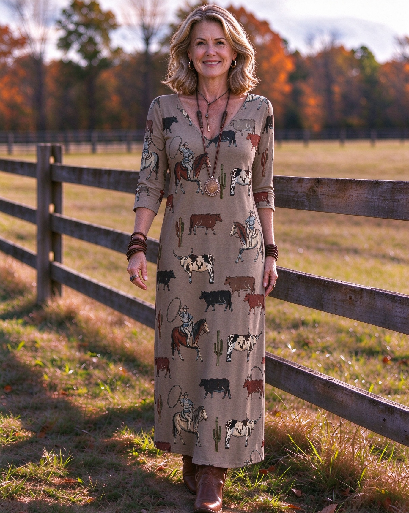 Cowboy Rider & Multi Breed Cattle Mixed Graphic Western V-Neck Printed Dress | Allover Print