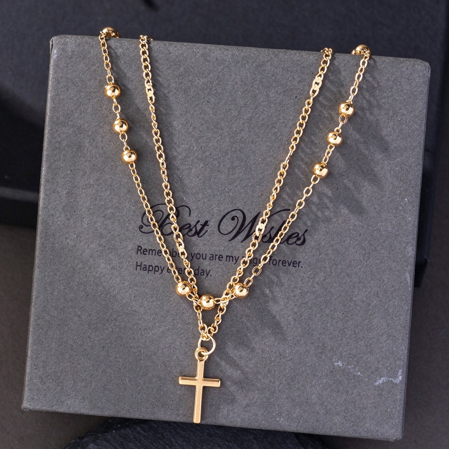 Vintage Western Beaded Layered Cross Pendant Necklace