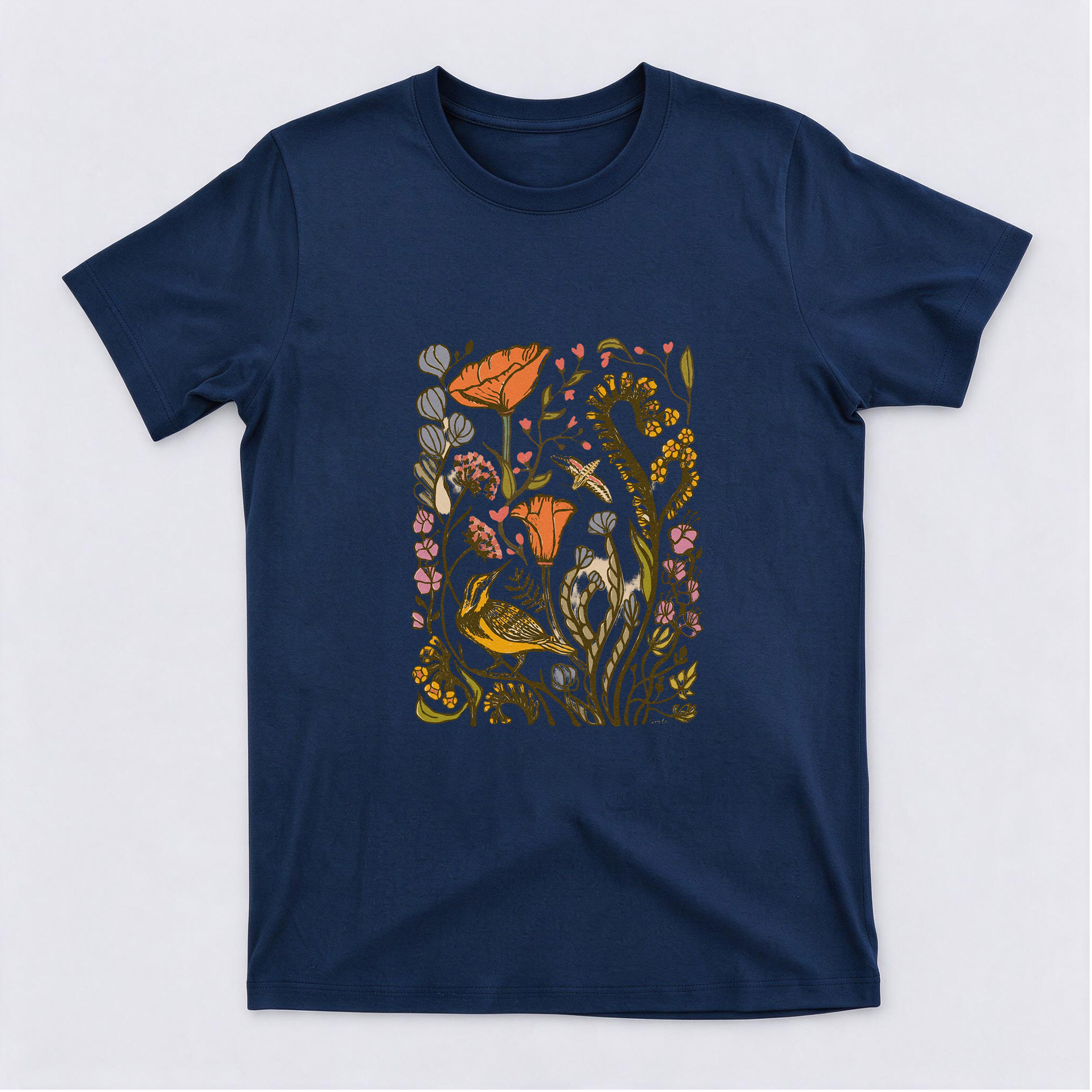 Vintage Botanical Wildflower & Bird Graphic Cotton Short Sleeve Crewneck T-Shirt