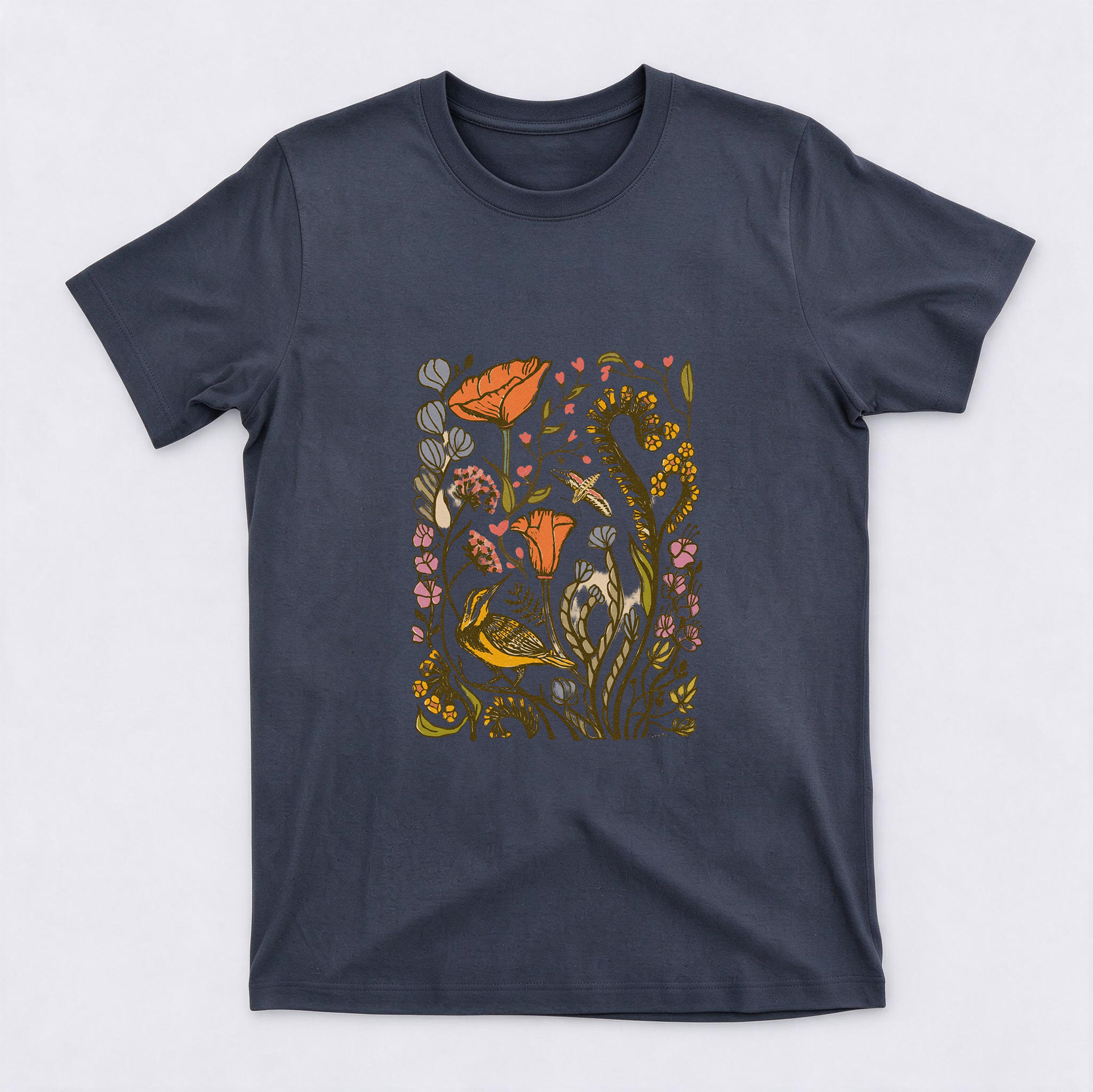 Vintage Botanical Wildflower & Bird Graphic Cotton Short Sleeve Crewneck T-Shirt