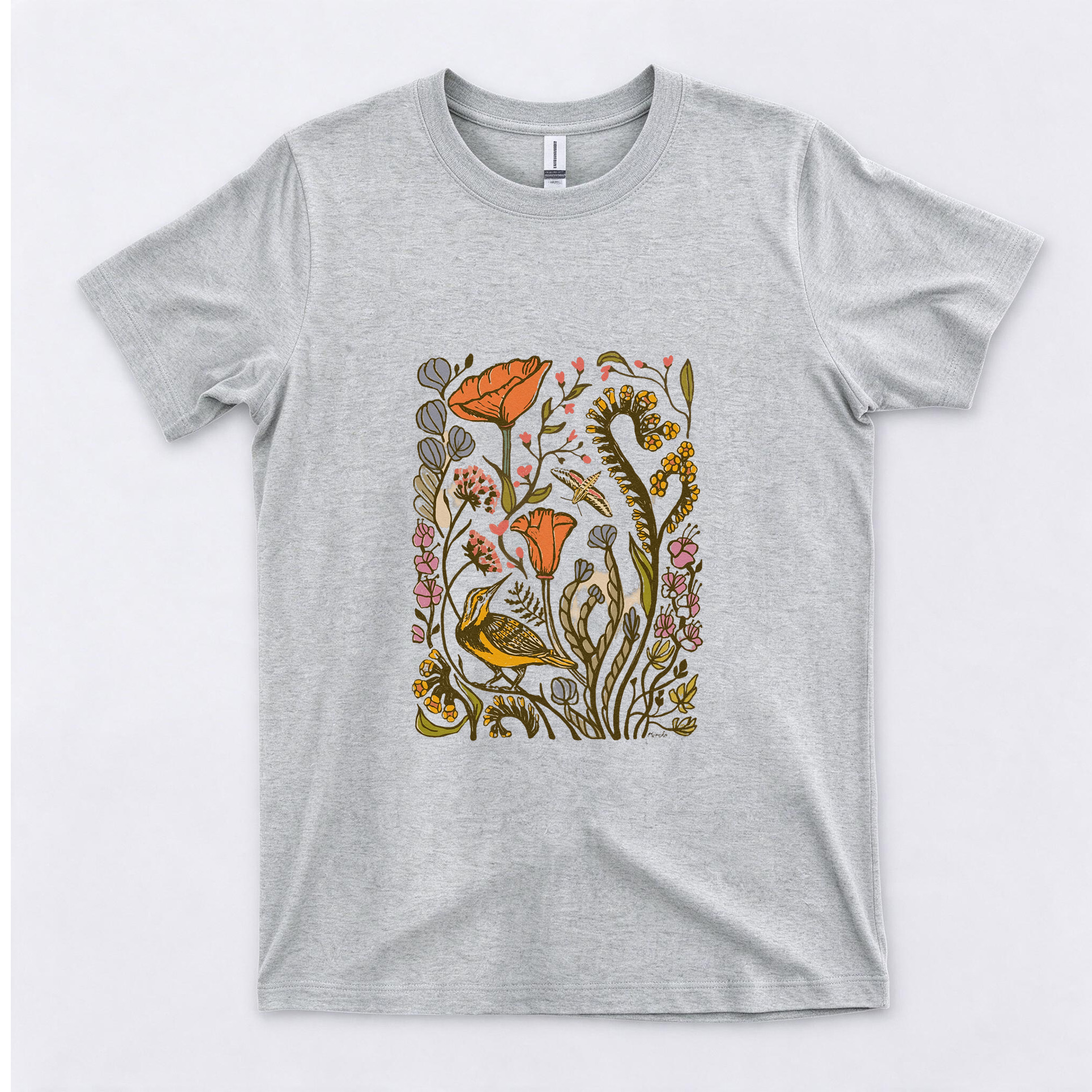 Vintage Botanical Wildflower & Bird Graphic Cotton Short Sleeve Crewneck T-Shirt