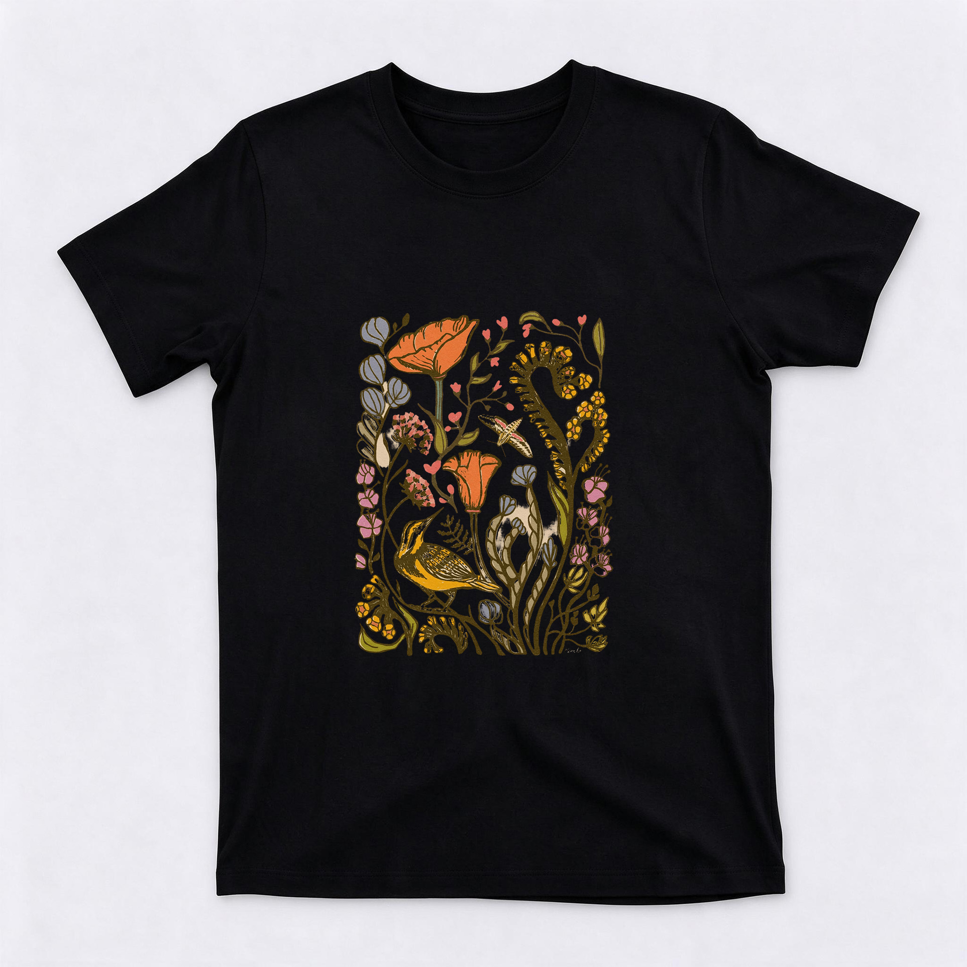 Vintage Botanical Wildflower & Bird Graphic Cotton Short Sleeve Crewneck T-Shirt