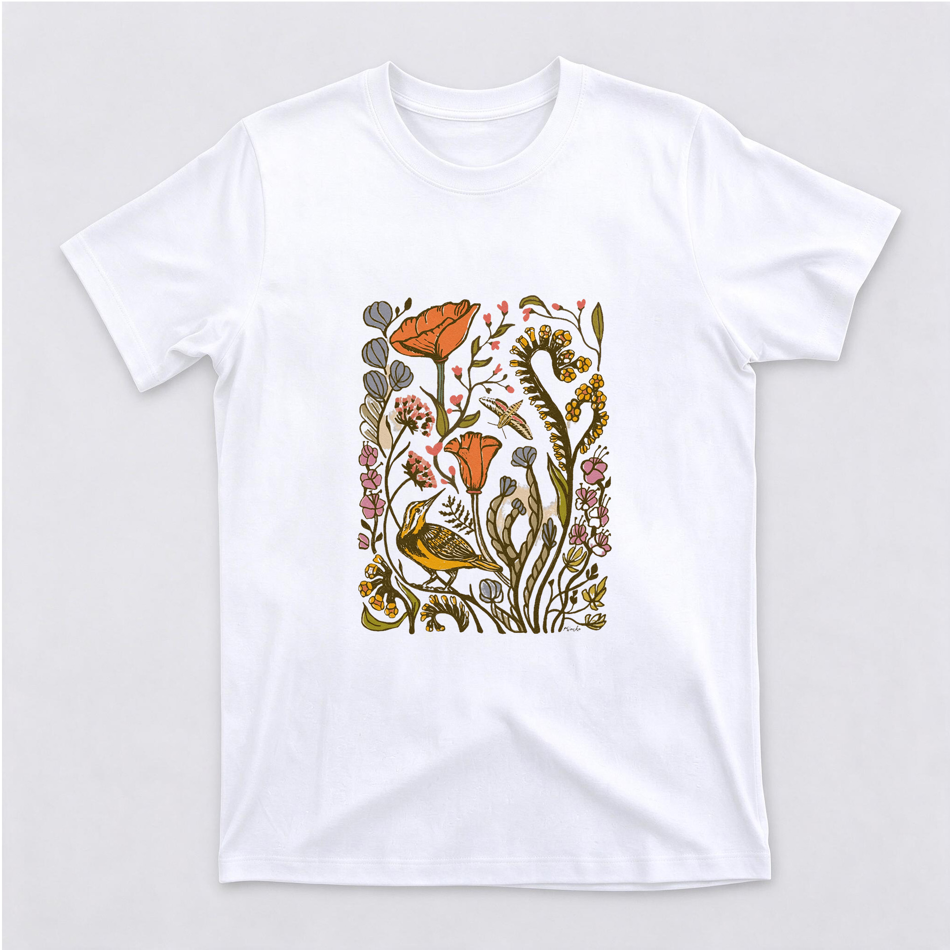 Vintage Botanical Wildflower & Bird Graphic Cotton Short Sleeve Crewneck T-Shirt