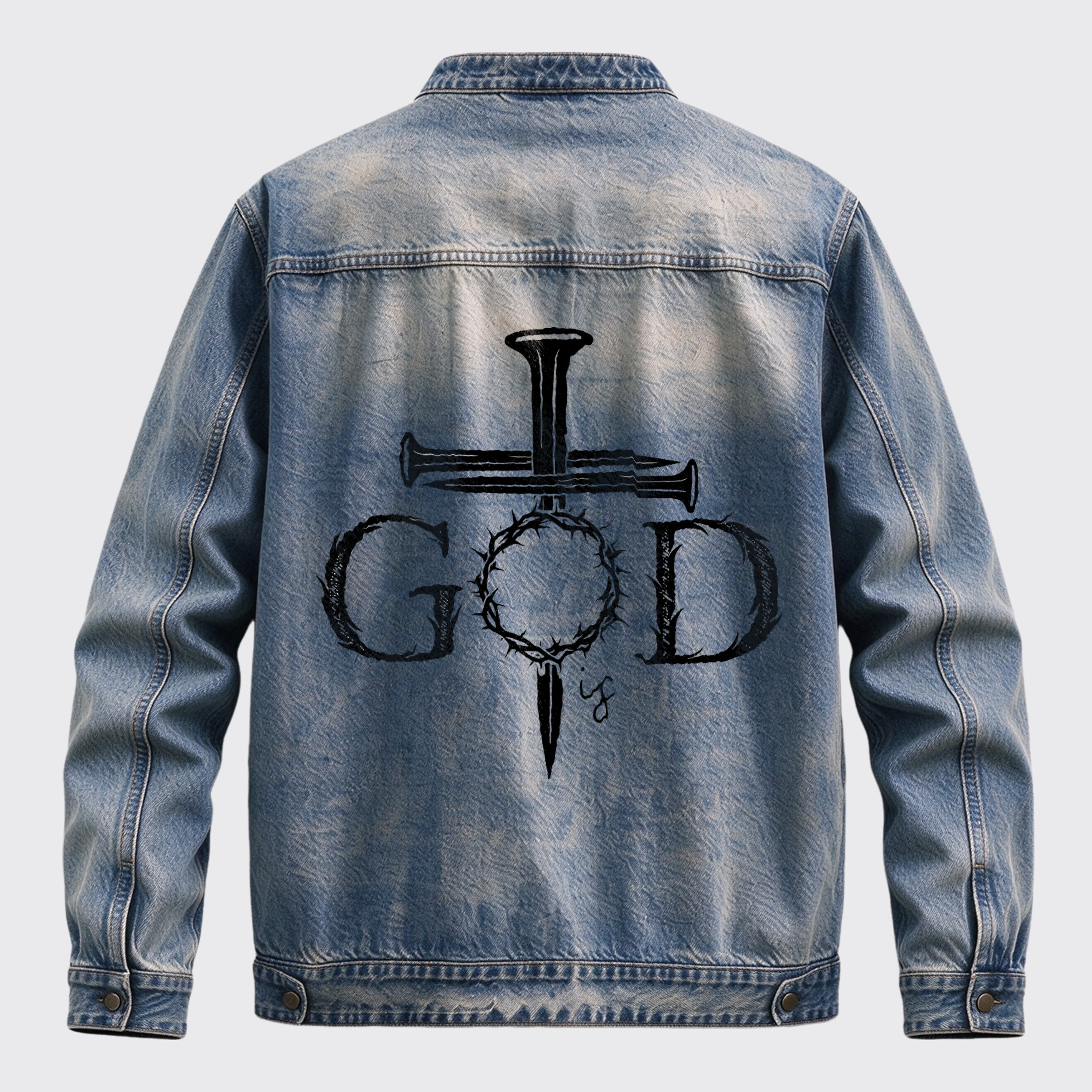 Vintage Western GOD Cross Thorn Crown Graphic Stand Collar Zip Jacket