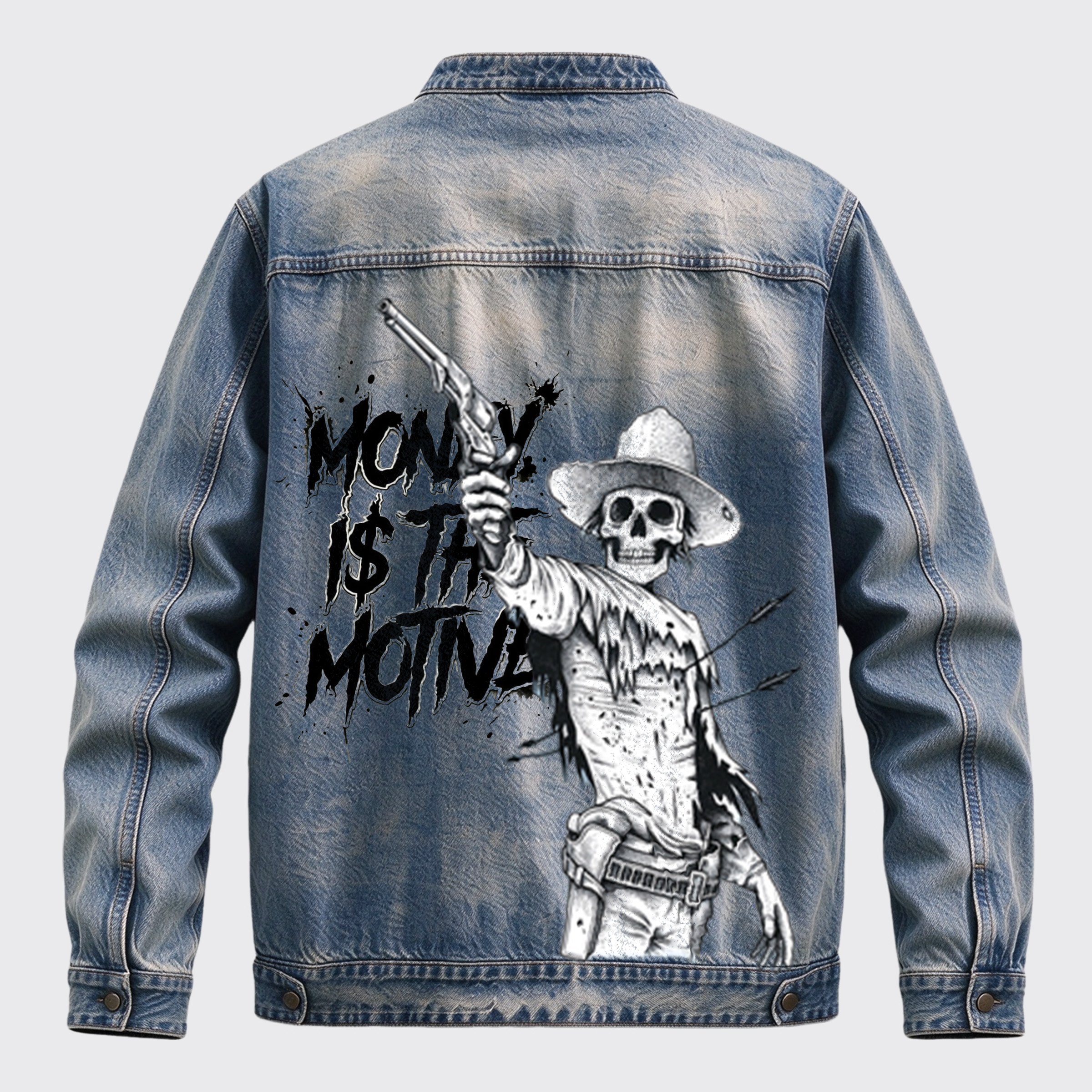 Vintage Western Money Is The Motive Back Print Graphic Denim Jacket