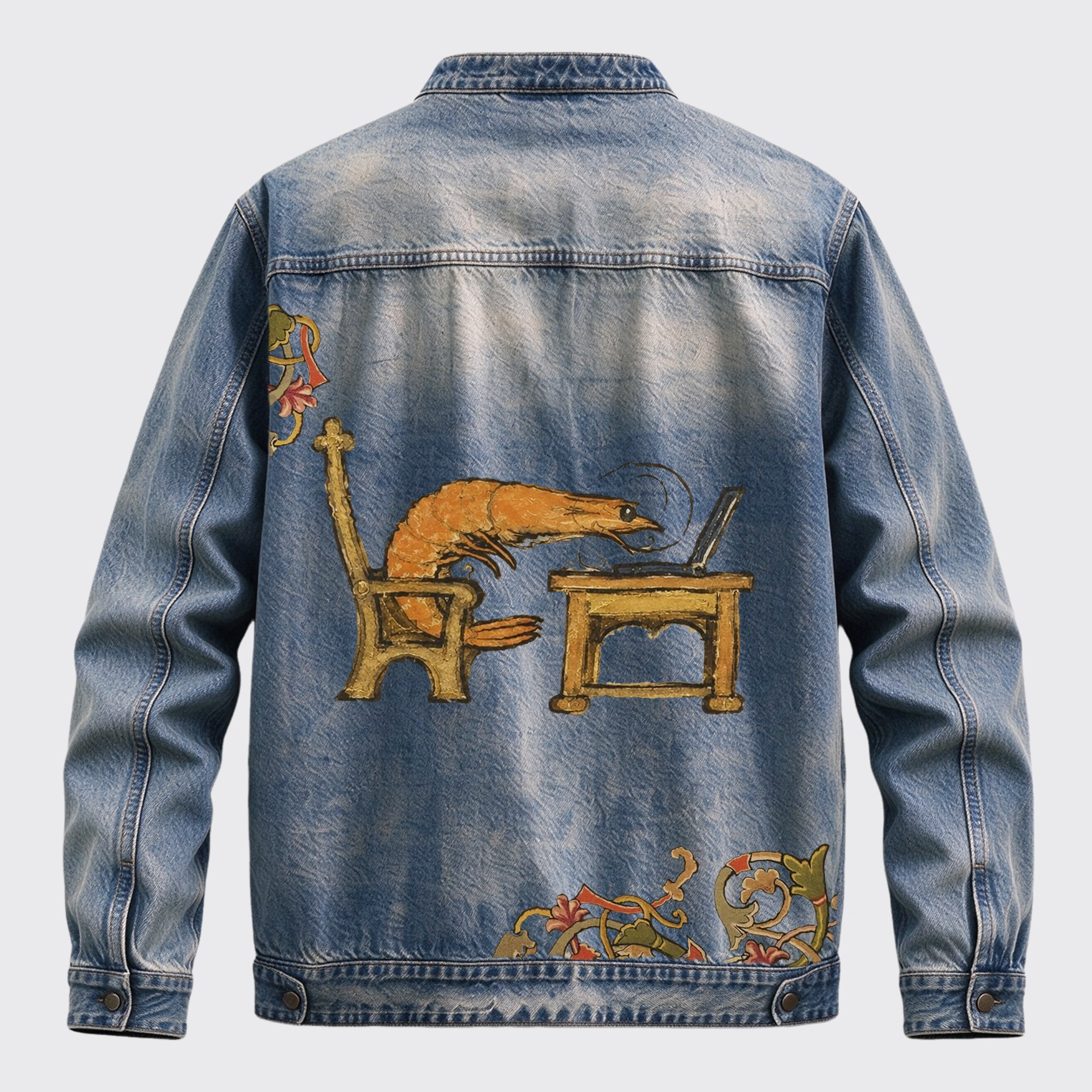Vintage Medieval Shrimp Working On Laptop Back Print Graphic Denim Jacket