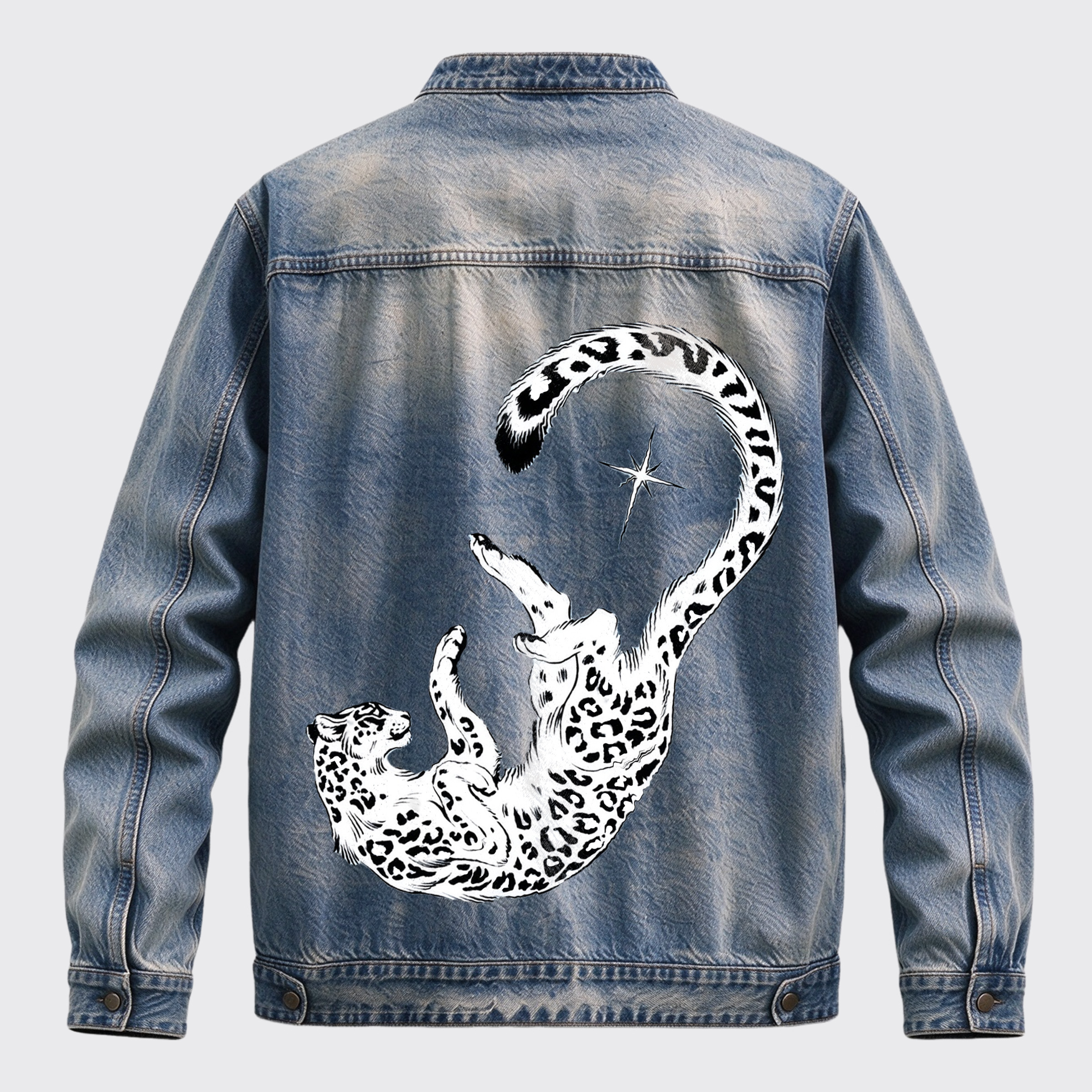 Vintage Western Rolling Leopard Star Back Graphic Stand Collar Zip Jacket