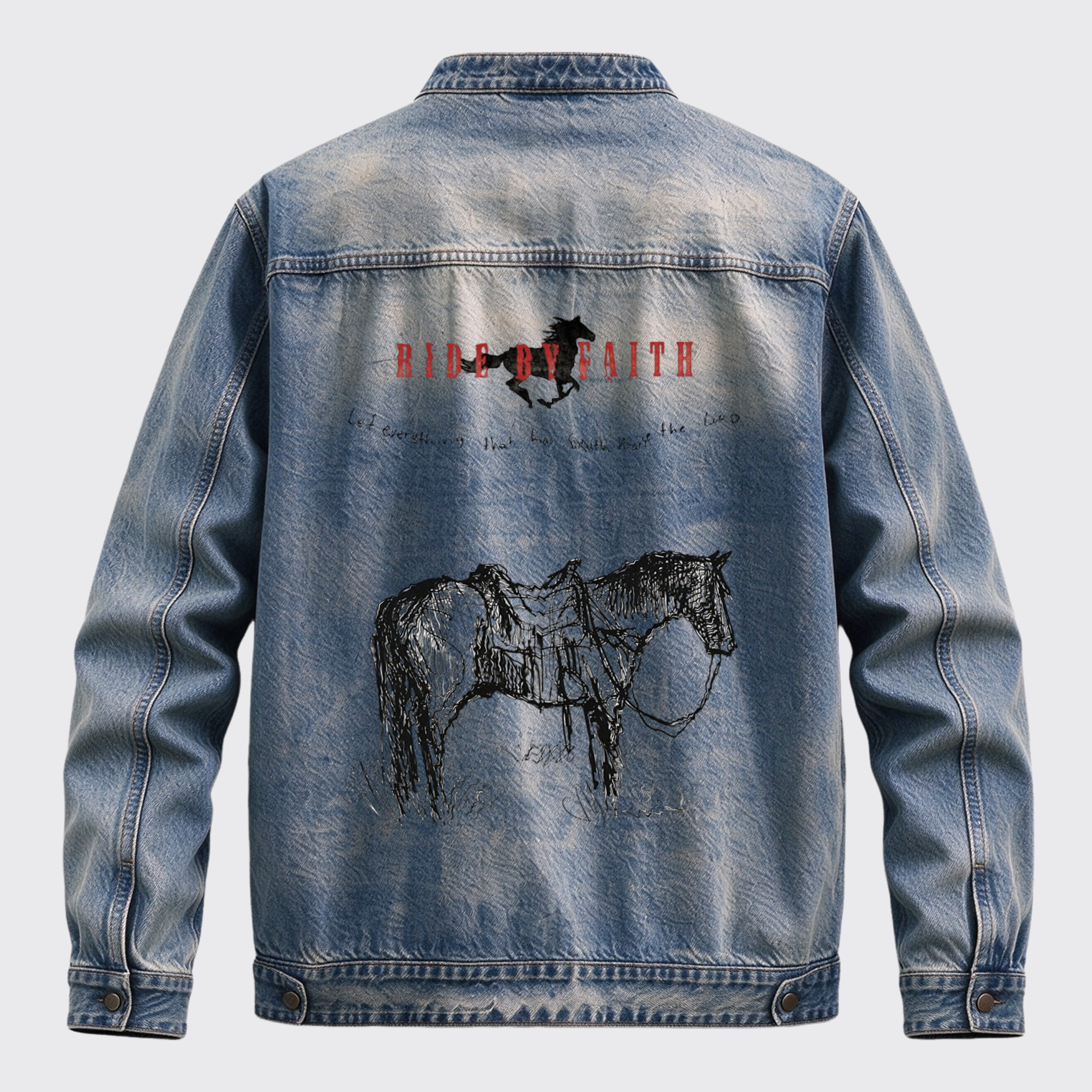 Vintage Western Ride By Faith Horse Back Print Graphic Denim Jacket