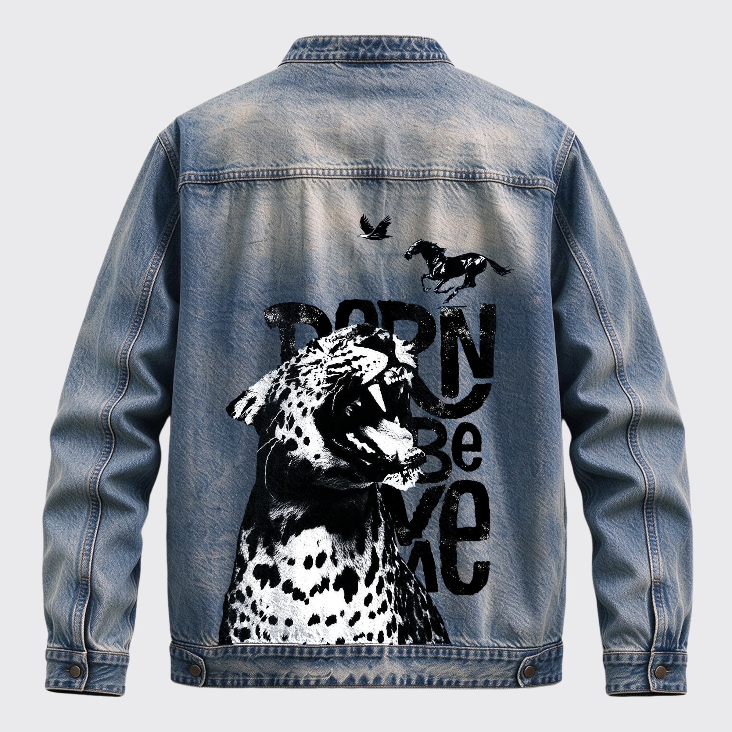 Vintage Western Born To Be Wild Leopard Horse Eagle Back Graphic Stand Collar Zip Jacket