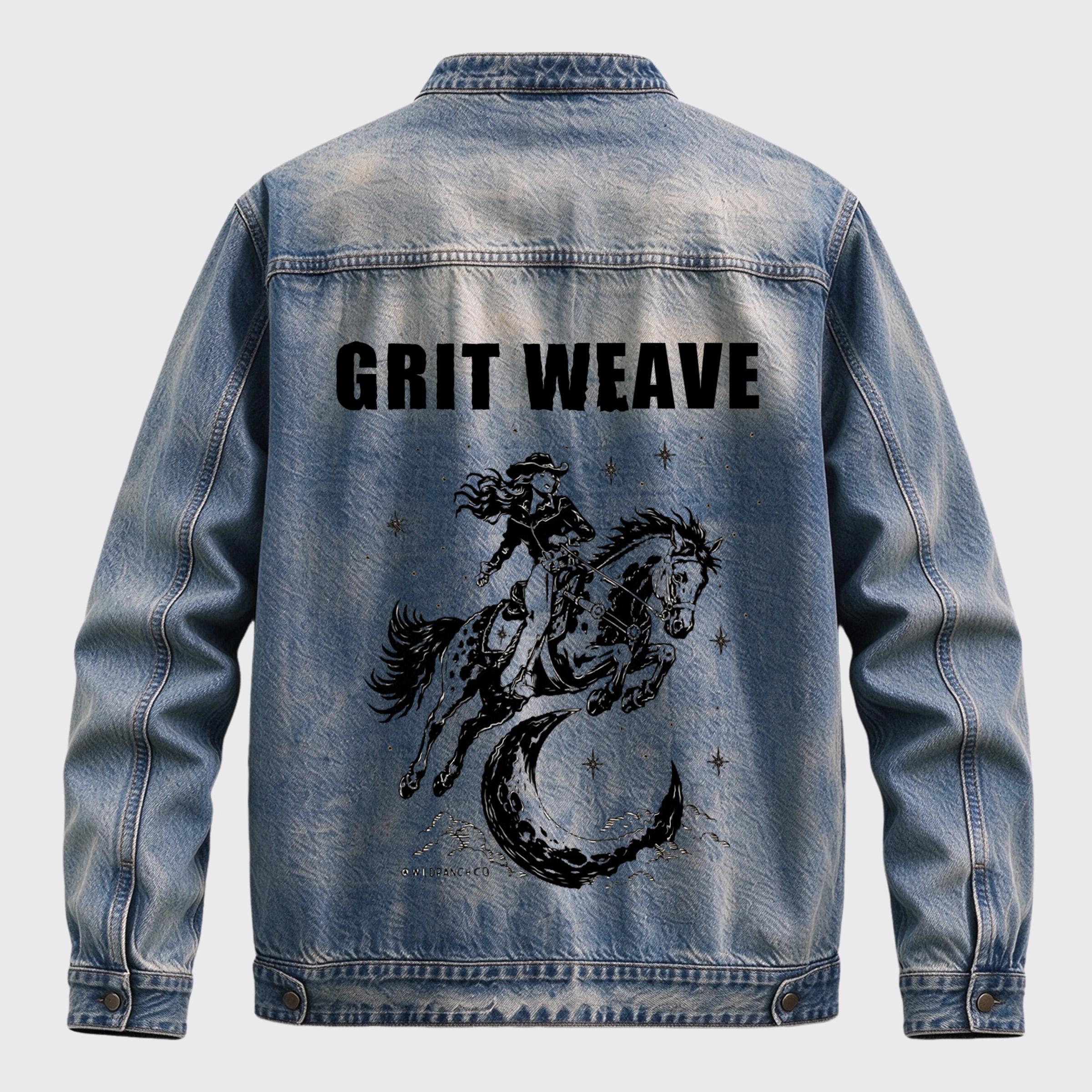 Vintage Western Celestial Crescent Moon Cowgirl Back Print Graphic Denim Jacket