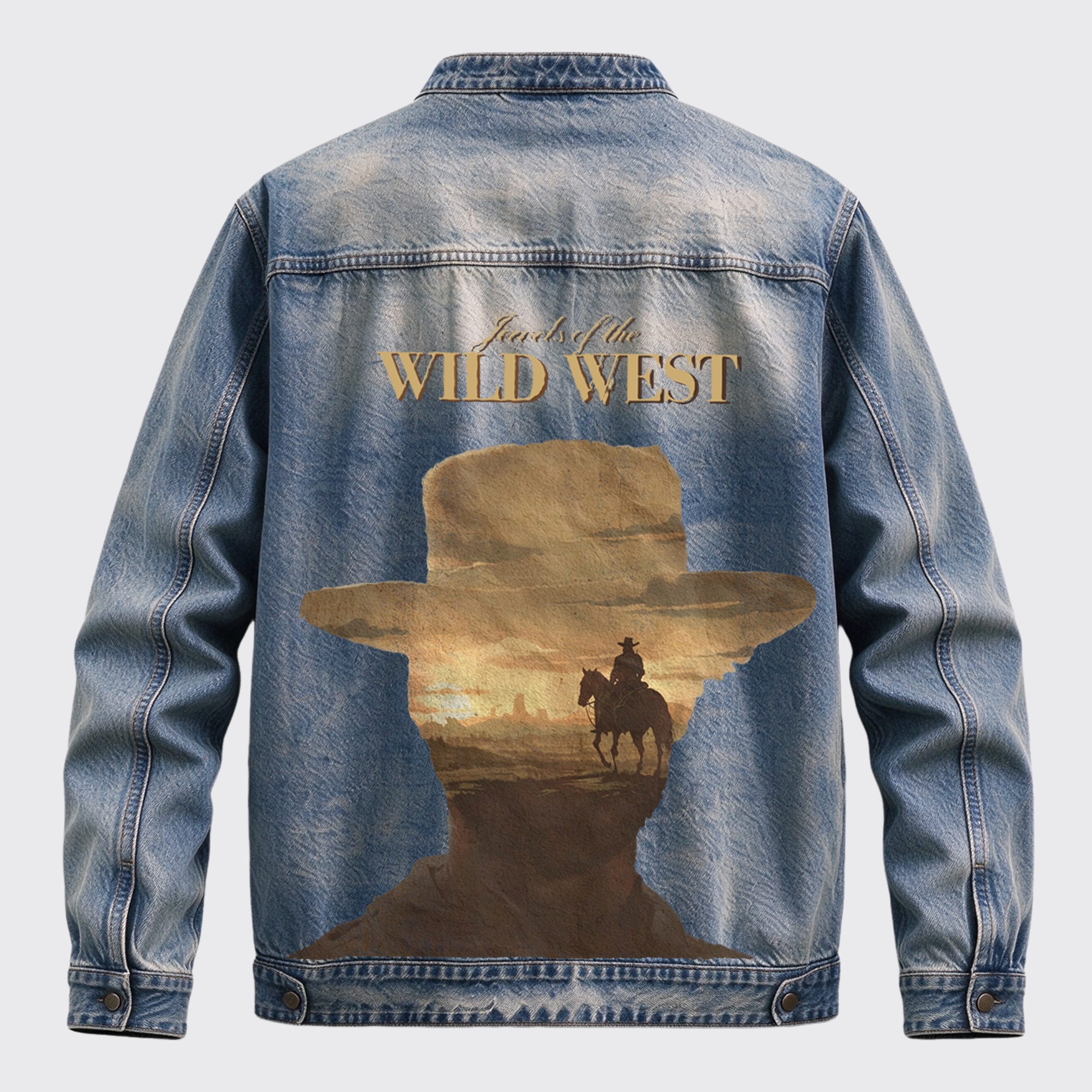 Vintage Wild West Cowboy Silhouette Back Print Graphic Denim Jacket