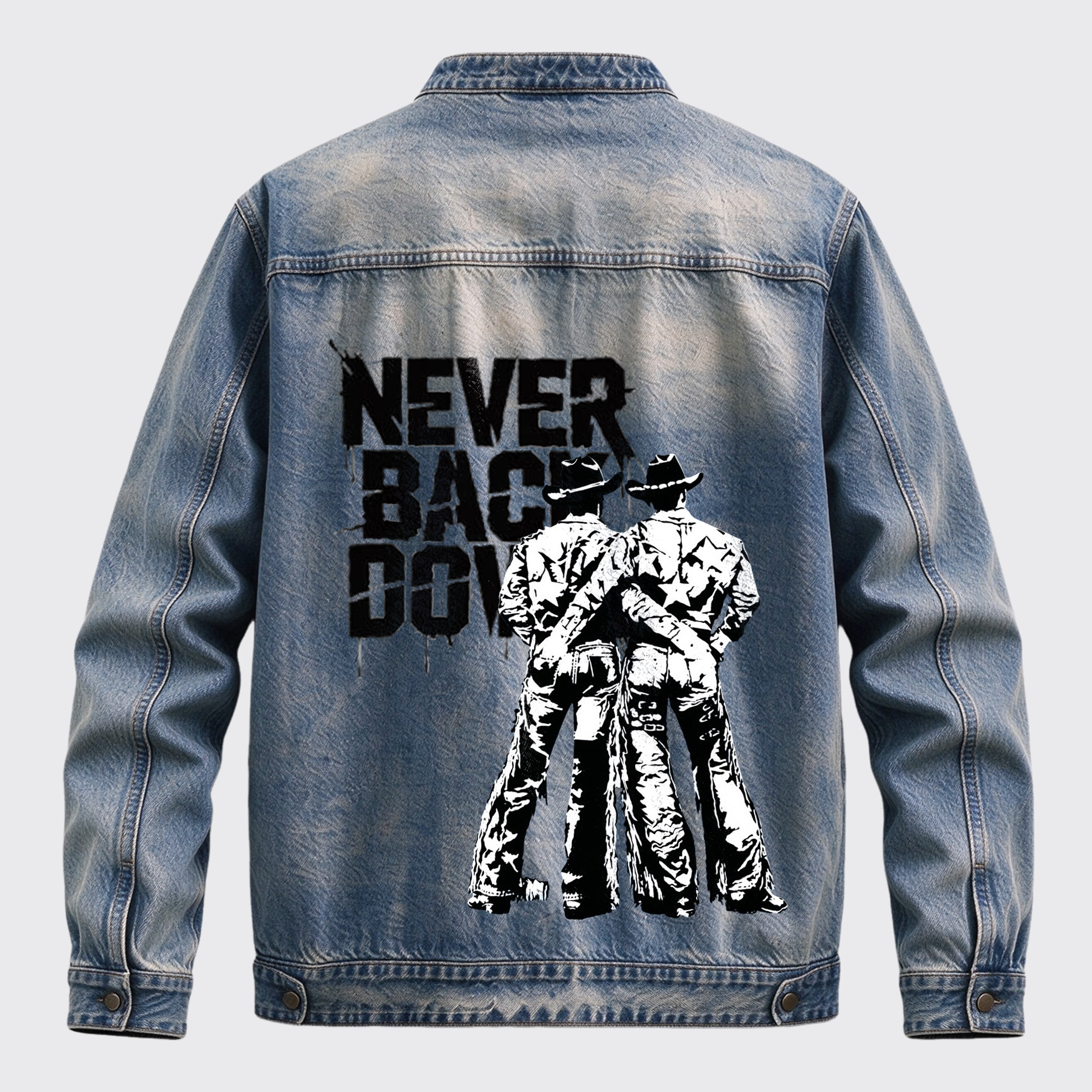 Vintage Western Never Back Down Two Cowboys Back Graphic Stand Collar Zip Jacket