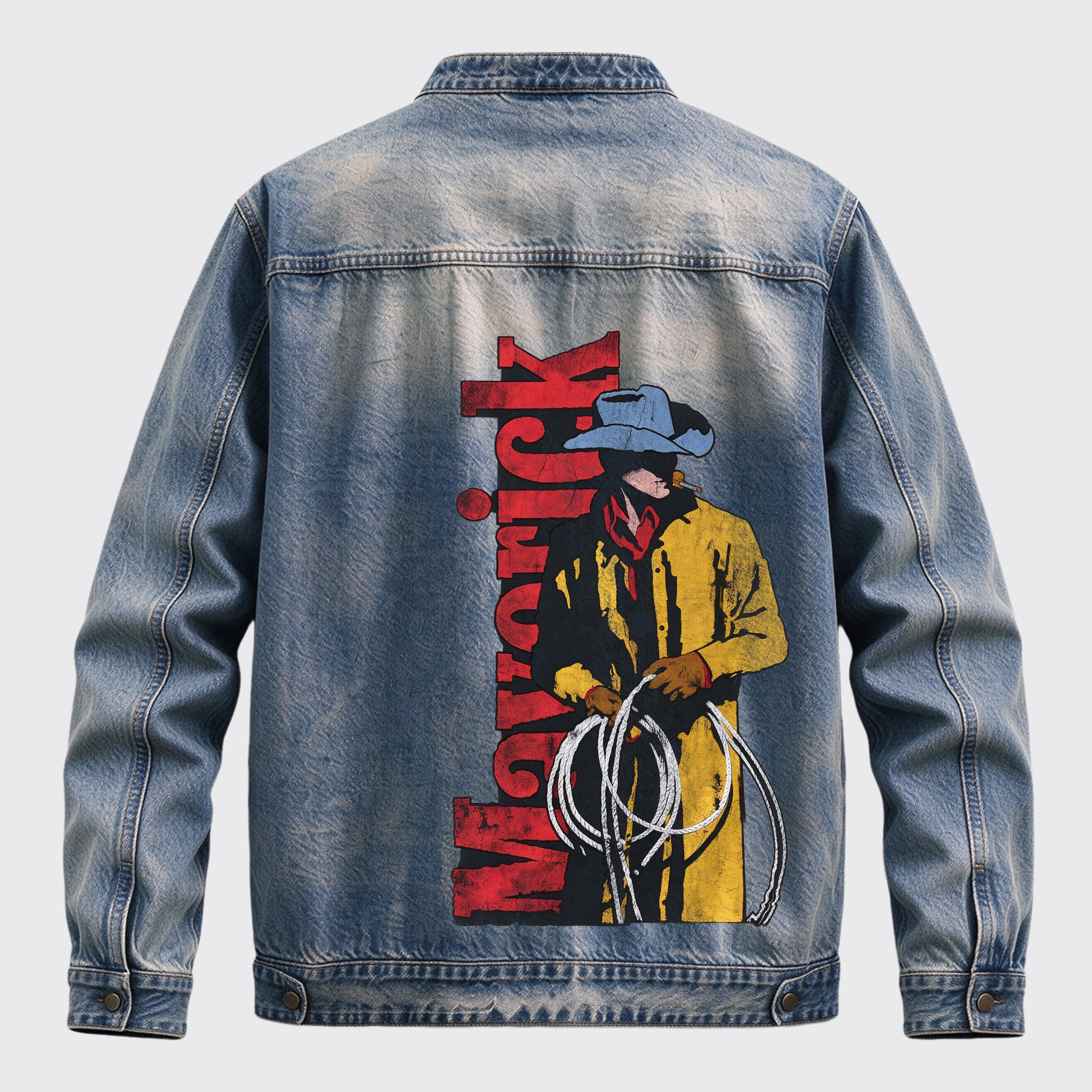 Vintage Western Maverick Cowboy Back Print Graphic Denim Jacket