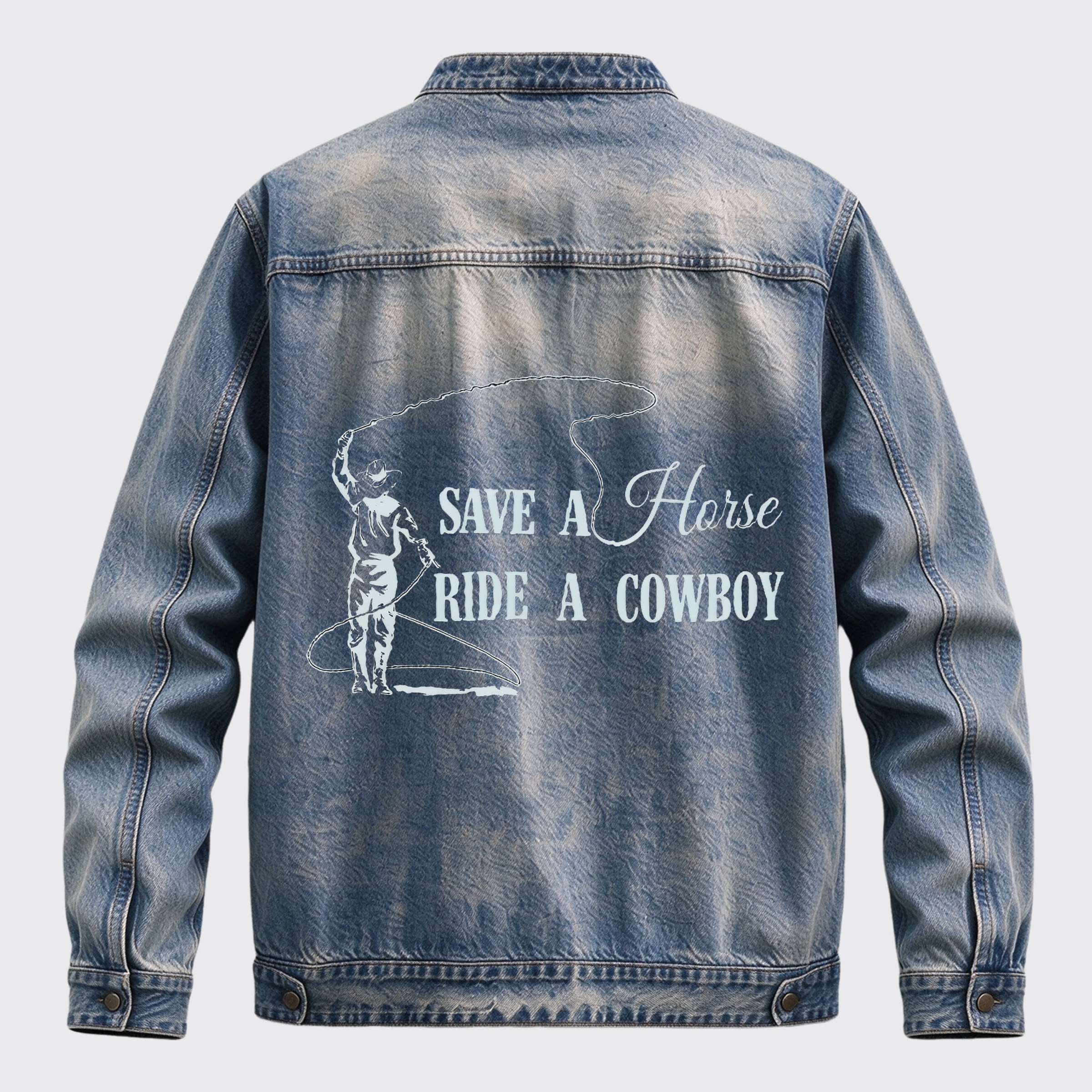 Western Save A Horse Ride A Cowboy Back Print Graphic Denim Jacket