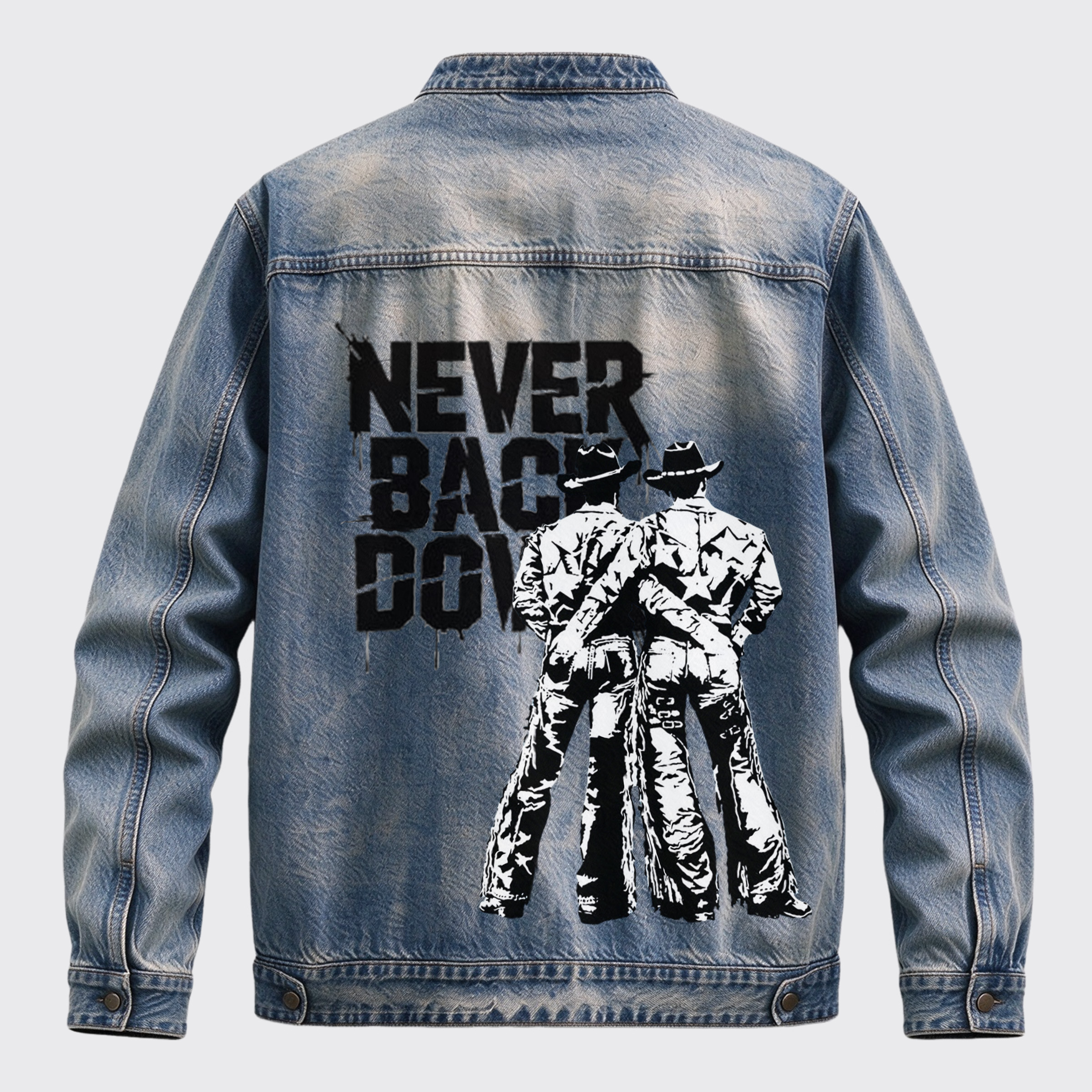 Vintage Western Never Back Down Two Cowboys Back Graphic Stand Collar Zip Jacket