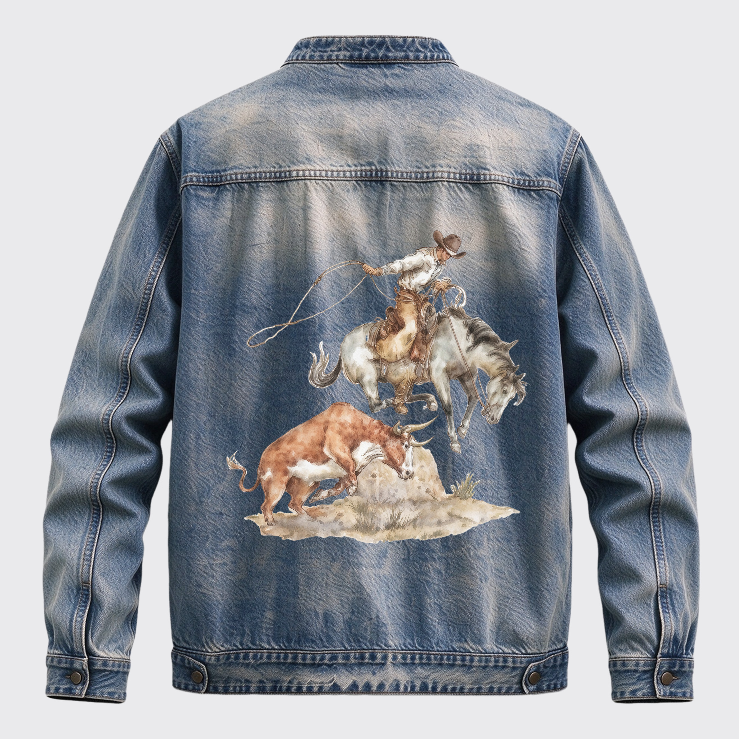 Vintage Western Roping Cowboy Longhorn Watercolor Graphic Zip Jacket