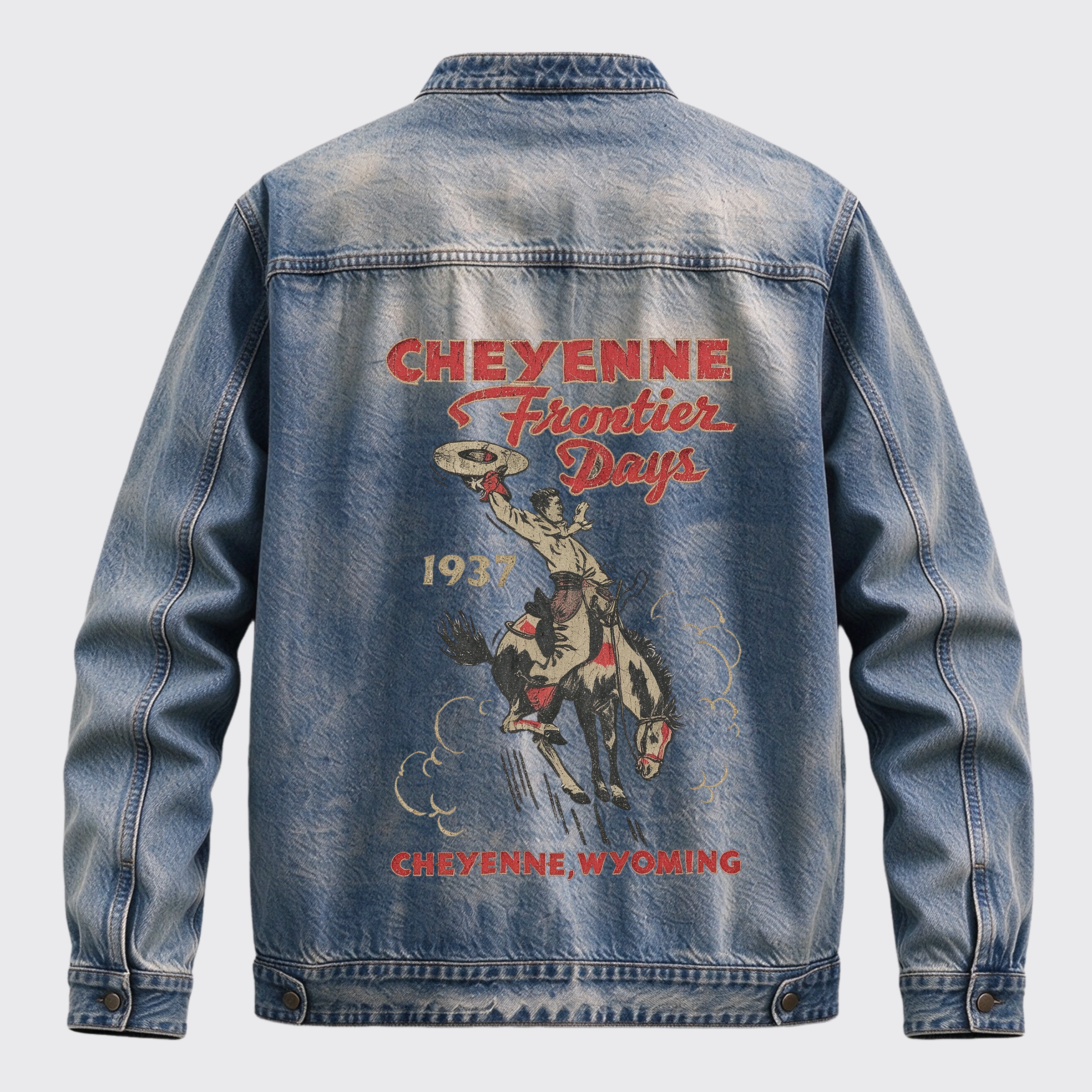 Vintage Western Cheyenne Frontier Days Back Print Graphic Denim Jacket
