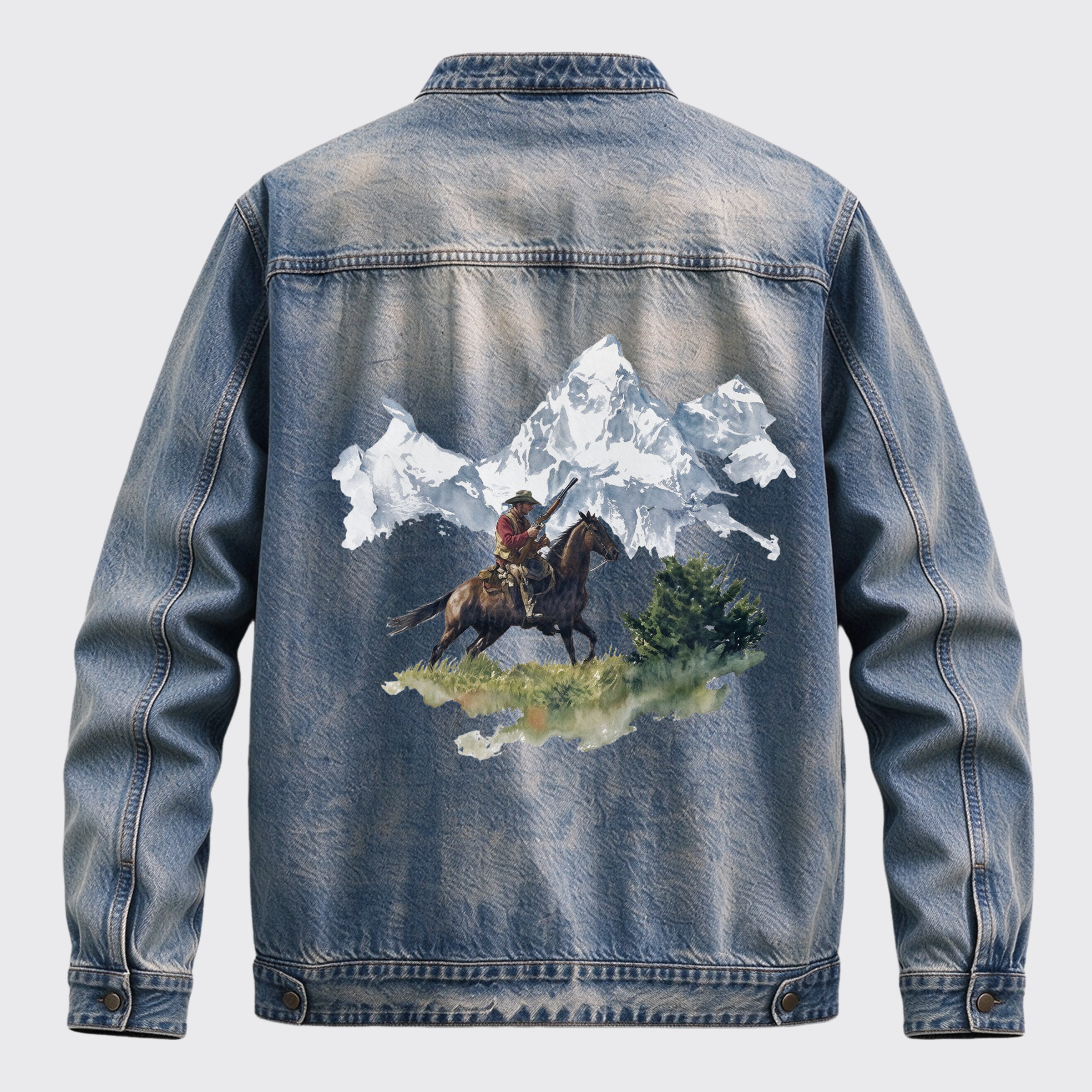 Vintage Western Mountain Cowboy Back Print Graphic Denim Jacket