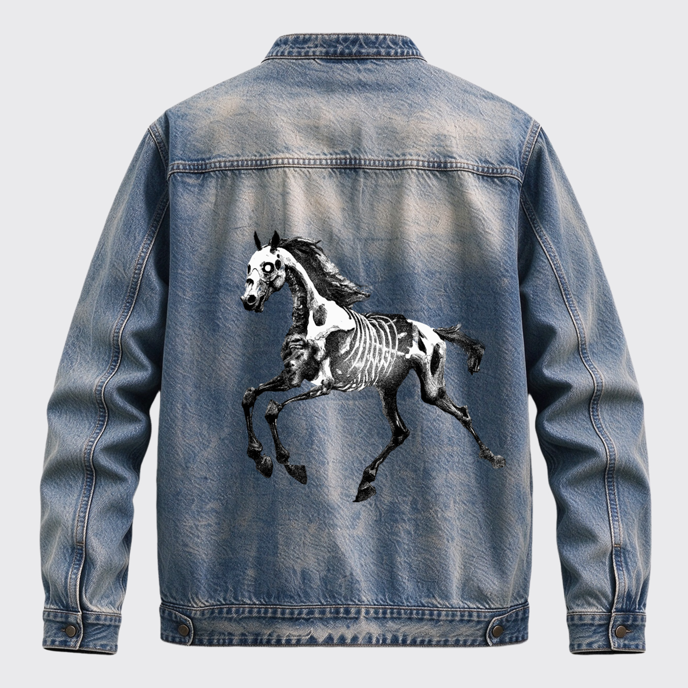 Western Skeleton Horse Back Print Graphic Denim Jacket