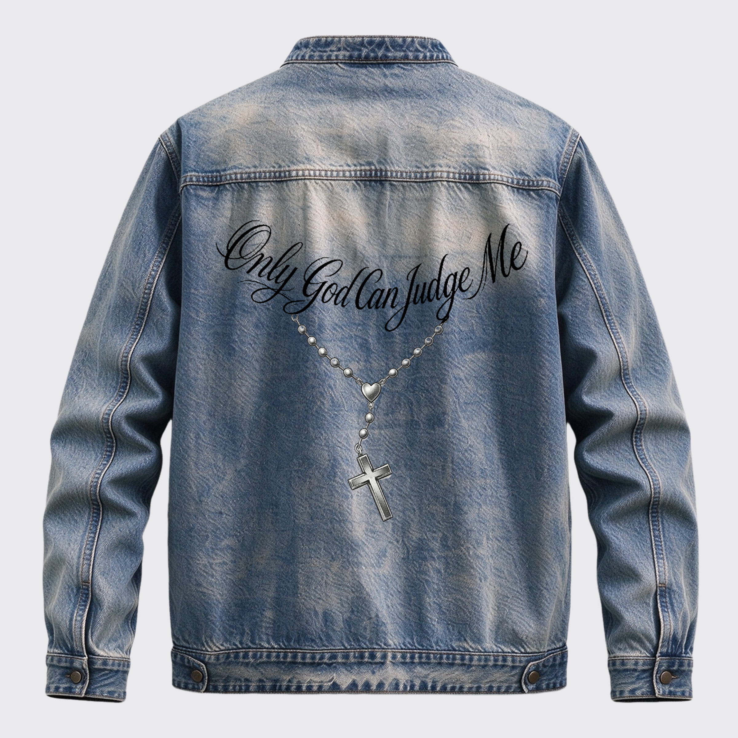 Vintage Western Faith Themed Only God Can Judge Me Cross Rosary Graphic Zip Jacket