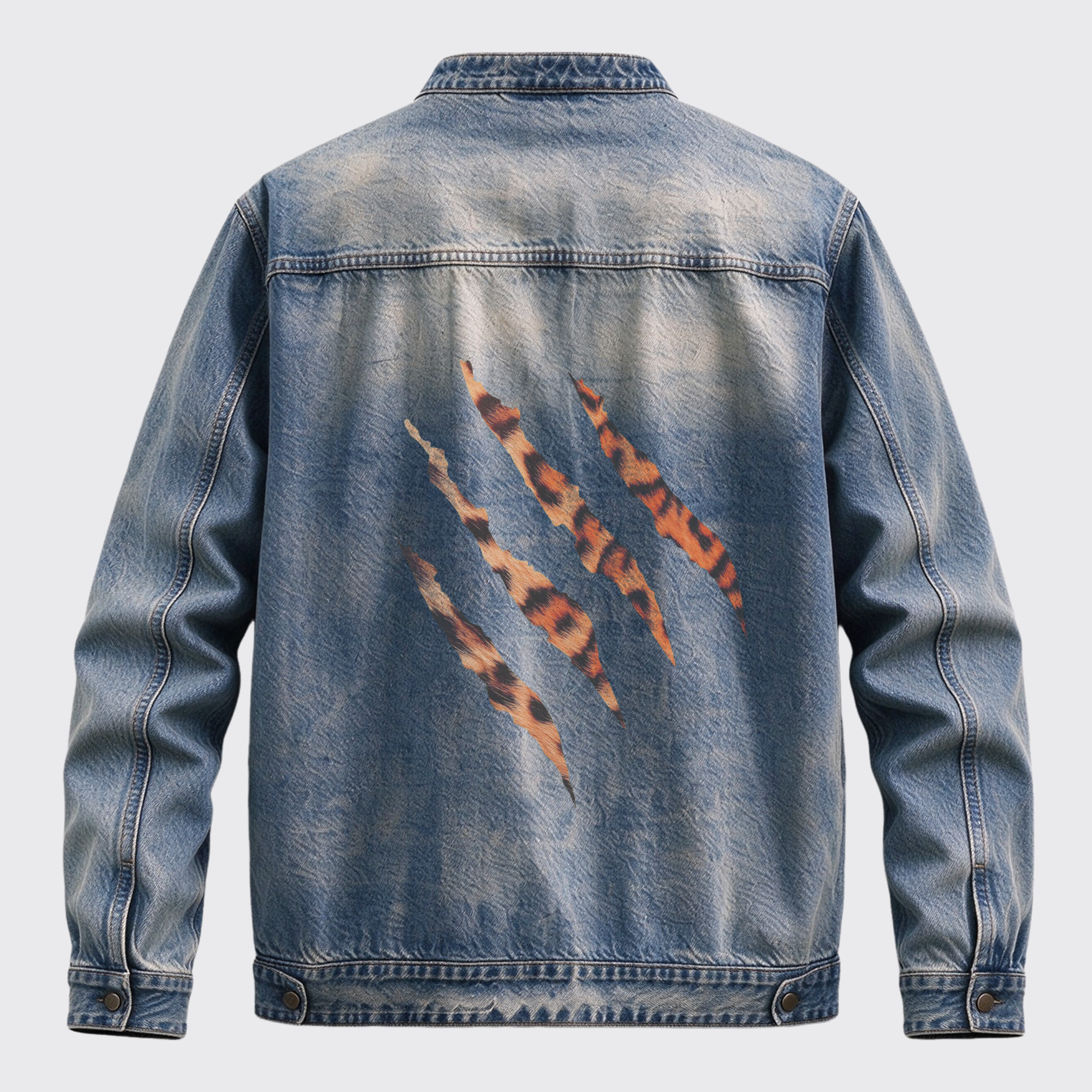 Vintage Leopard Distressed Back Graphic Denim Jacket