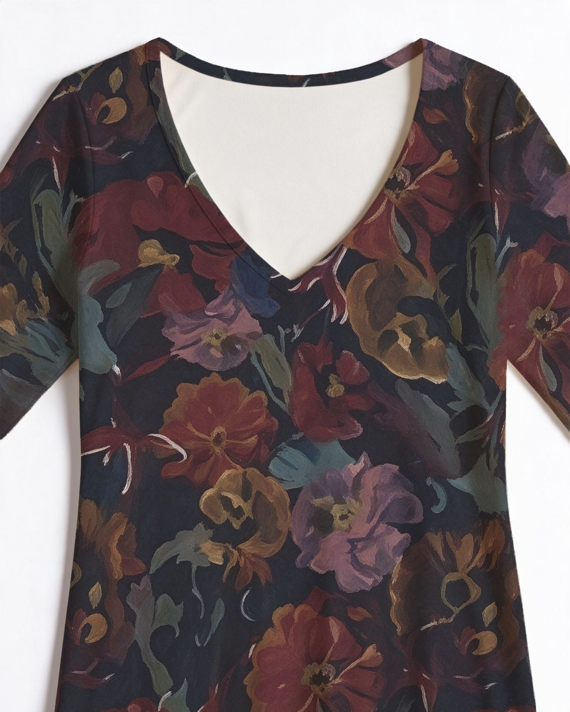 Autumn Flowers on a Dark Background Western V-Neck Printed Dress | Allover Print