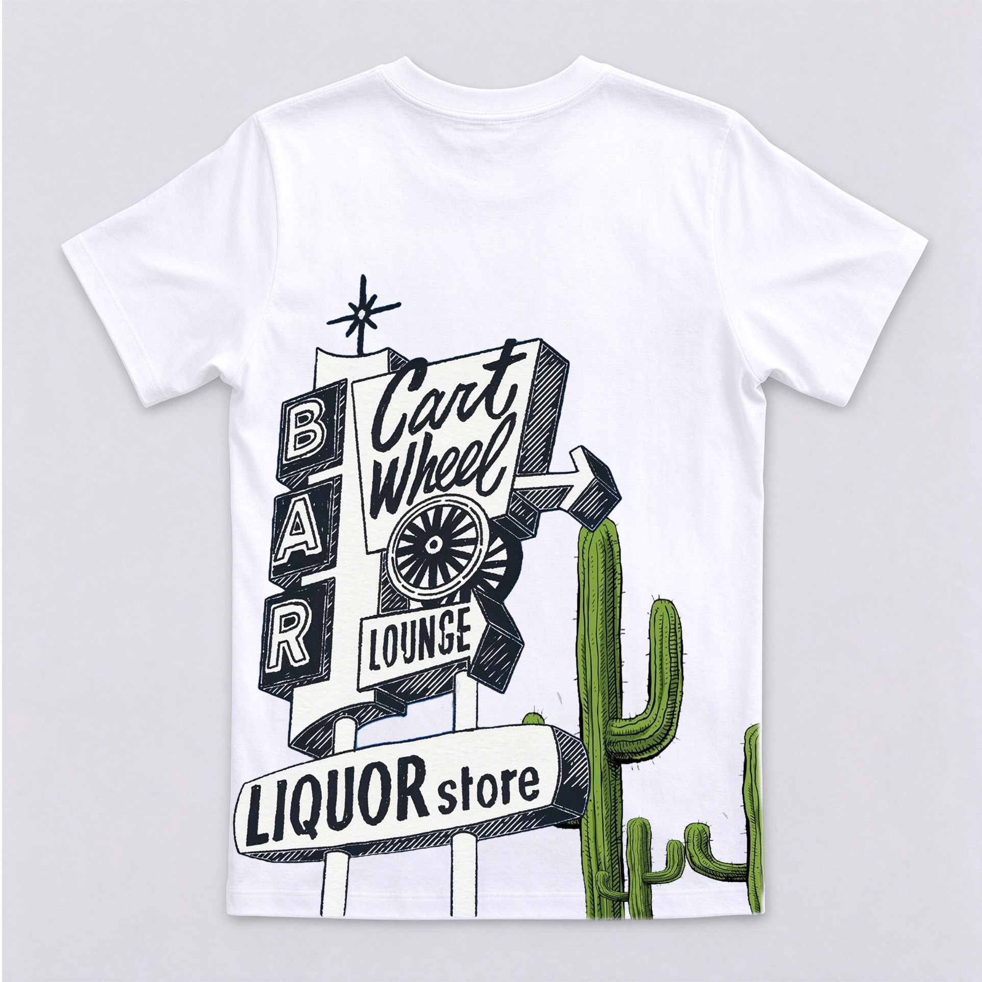 Retro Cart Wheel Lounge Cactus Back Graphic Crewneck Short Sleeve T-Shirt