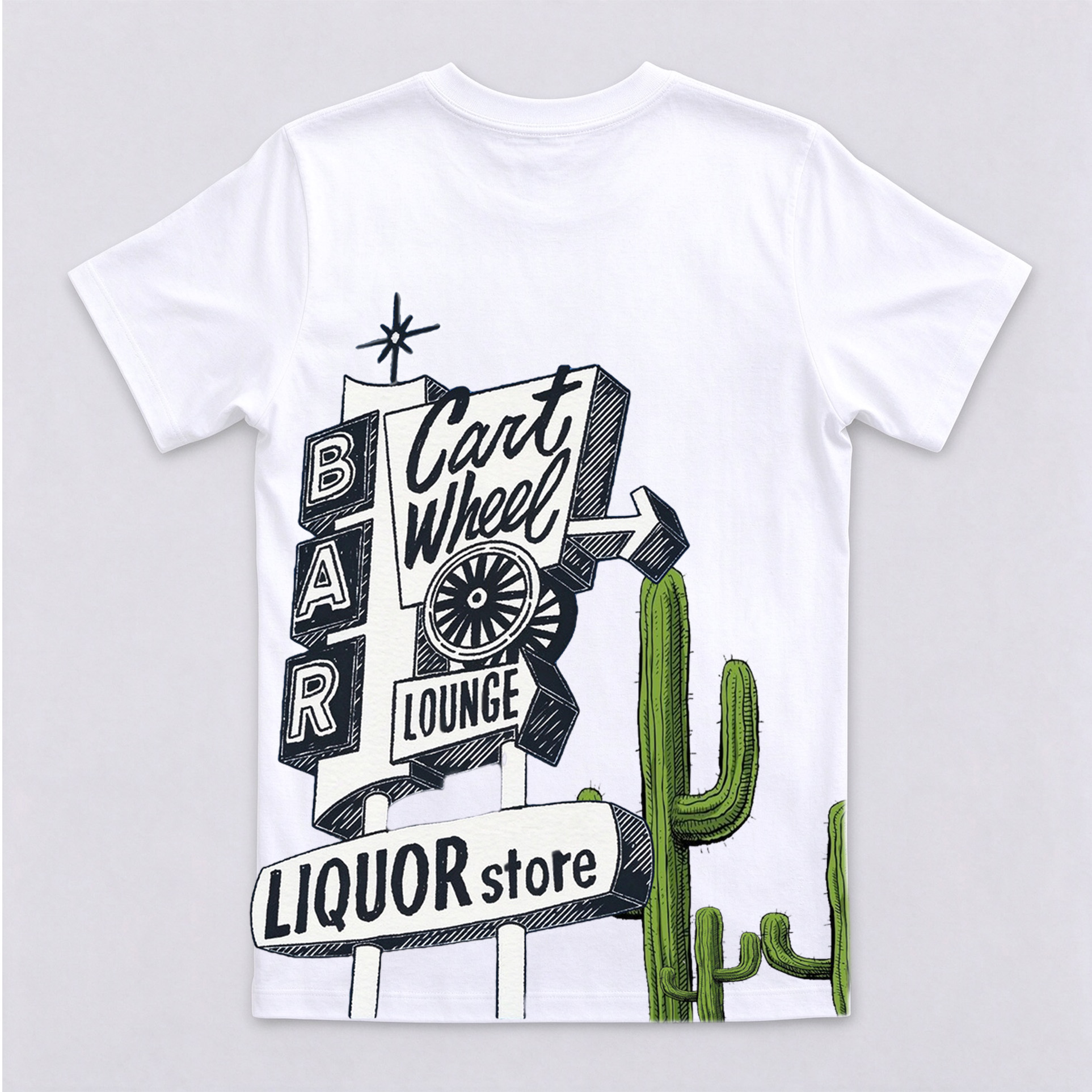 Retro Cart Wheel Lounge Cactus Back Graphic Crewneck Short Sleeve T-Shirt