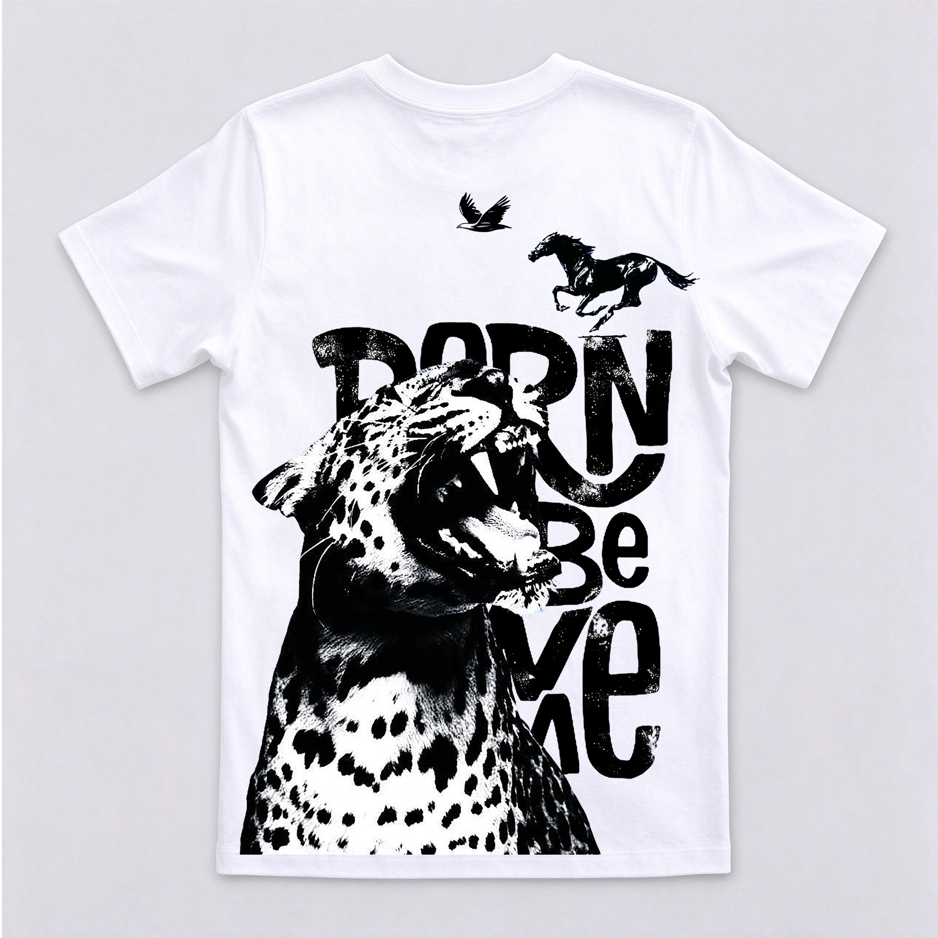 Born Wild Leopard Running Horse Eagle Back Print T-Shirt