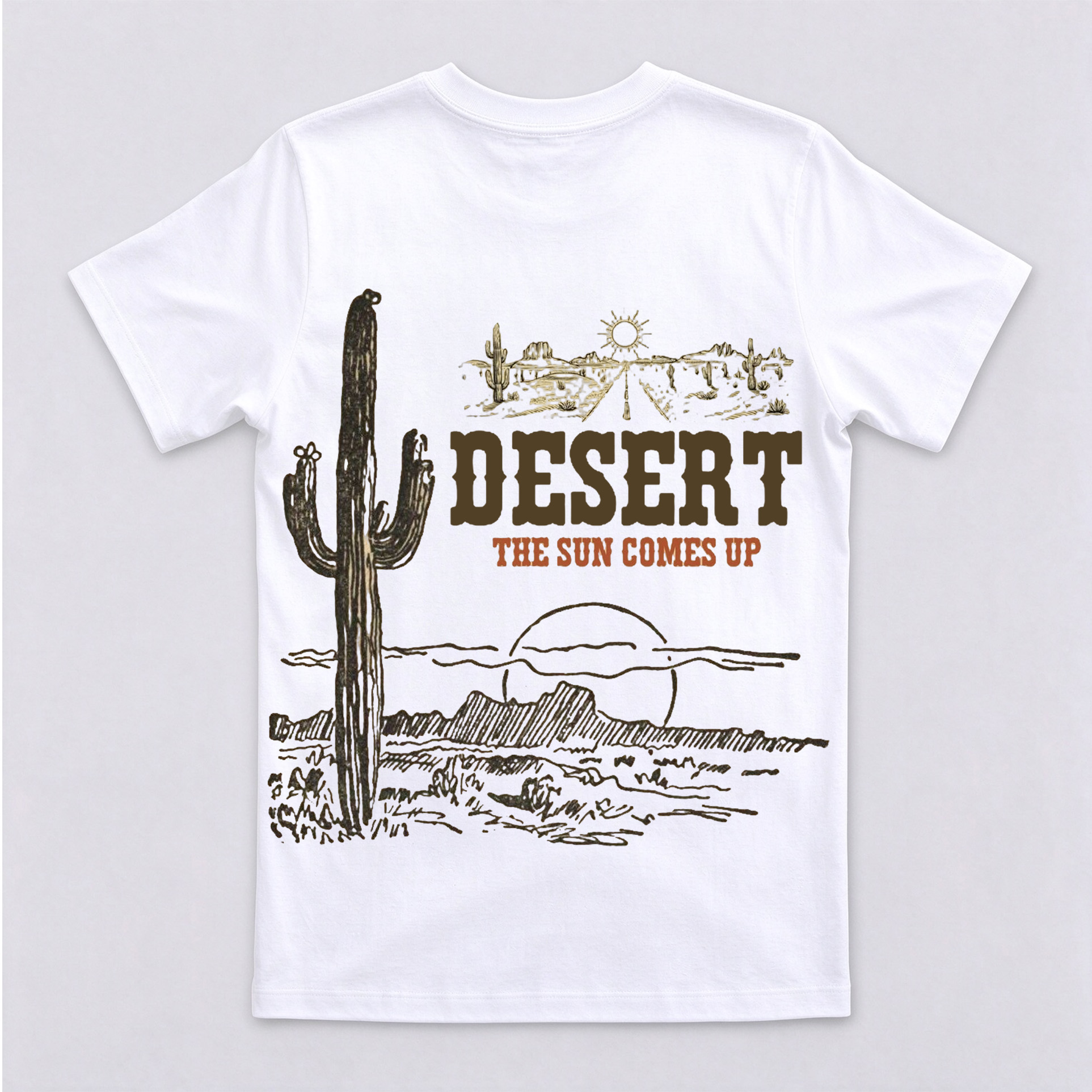 Retro Cactus Landscape Back Graphic Crewneck Short Sleeve T-Shirt