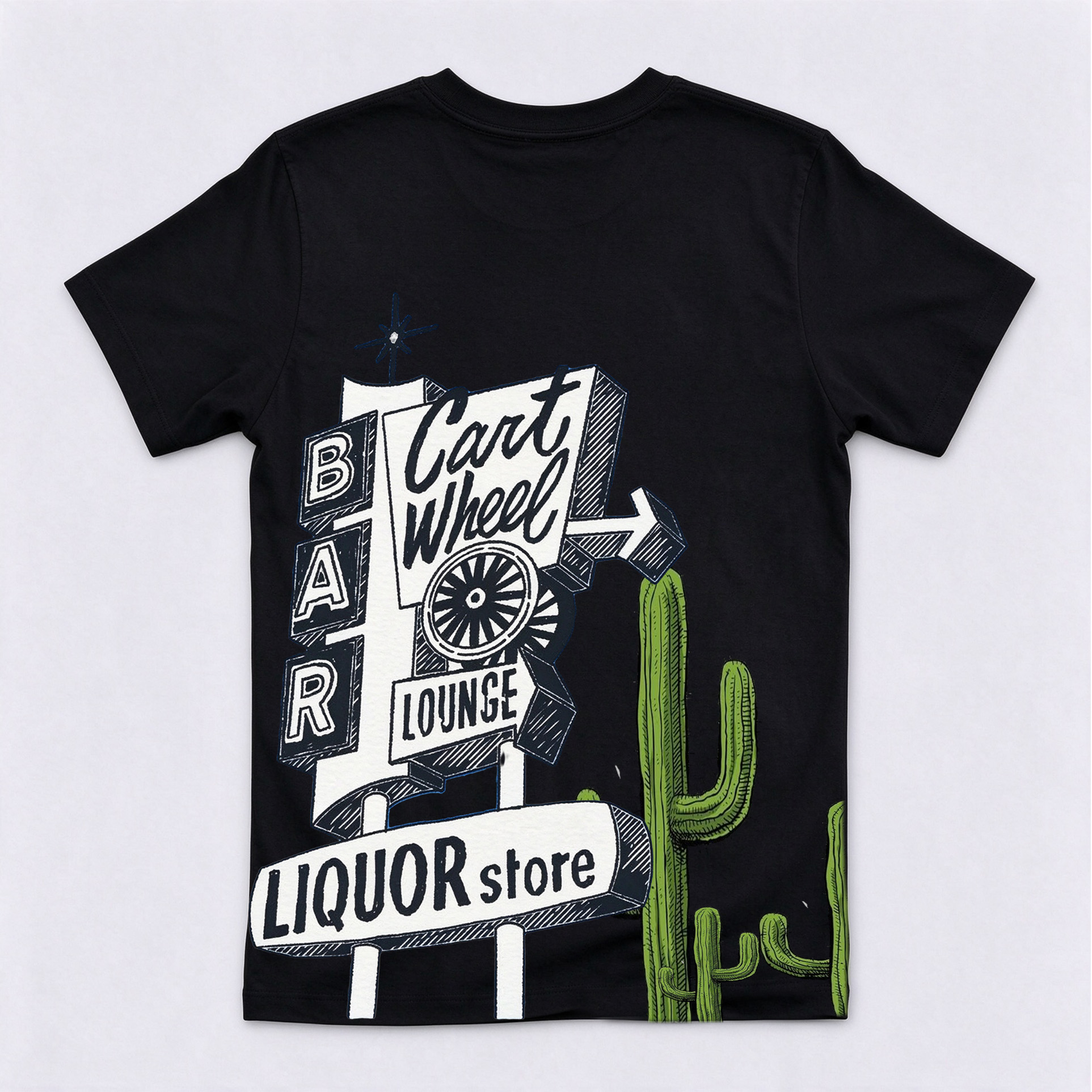 Retro Cart Wheel Lounge Cactus Back Graphic Crewneck Short Sleeve T-Shirt