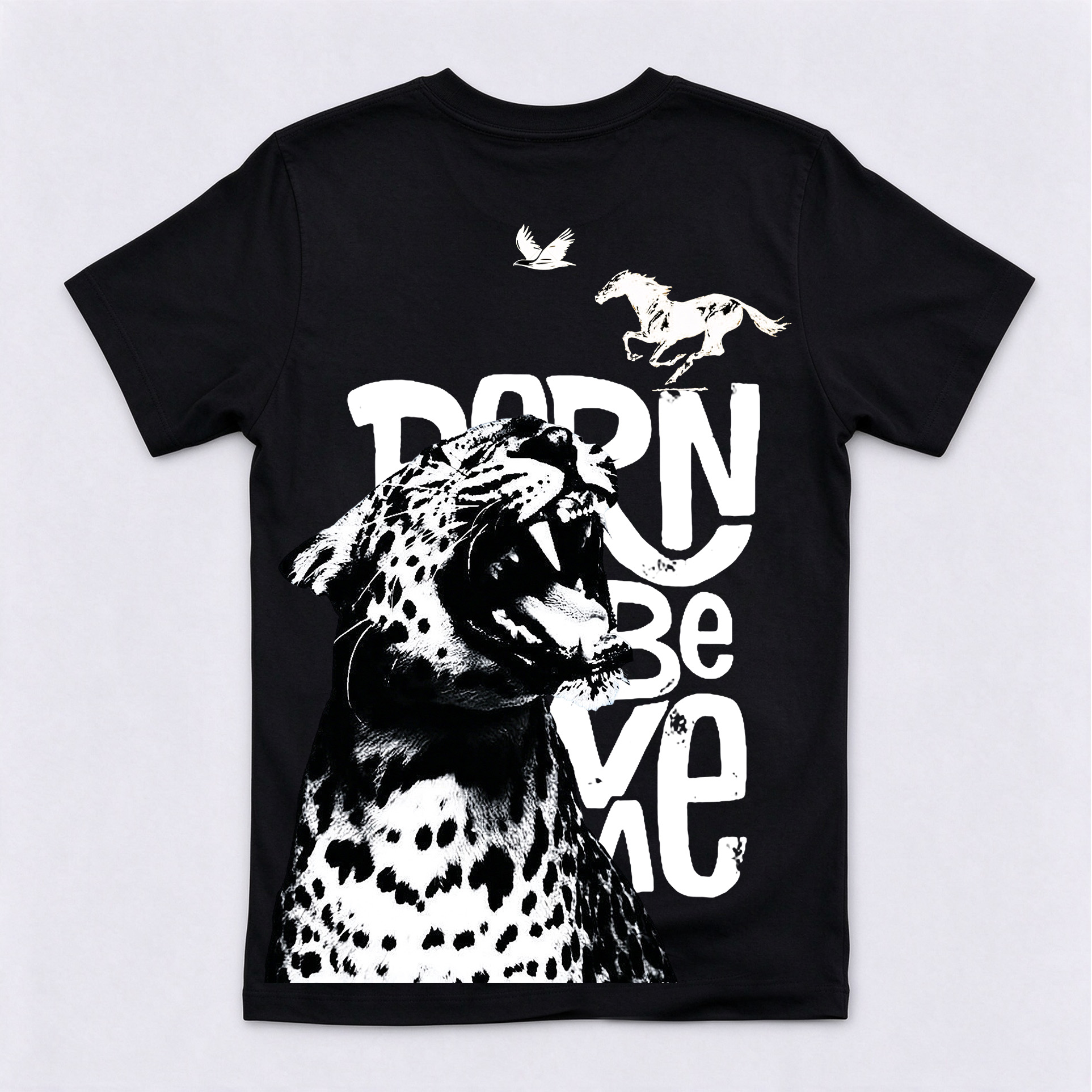 Born Wild Leopard Running Horse Eagle Back Print T-Shirt