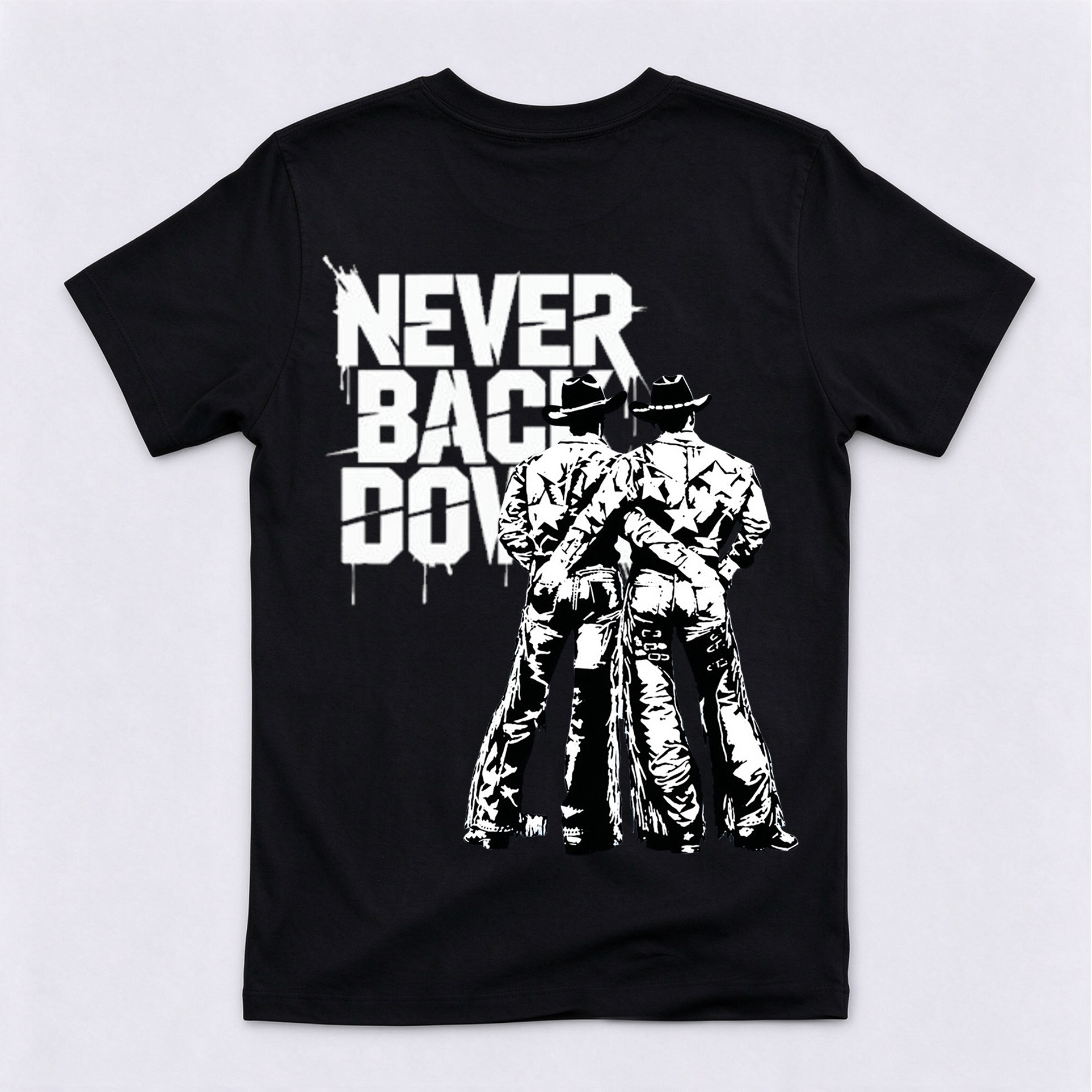 Never Back Down Two Cowboys Back Print T-Shirt