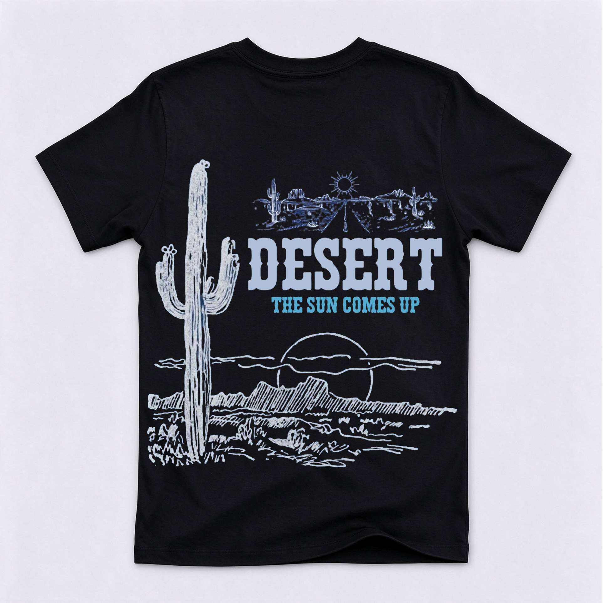 Retro Cactus Landscape Back Graphic Crewneck Short Sleeve T-Shirt