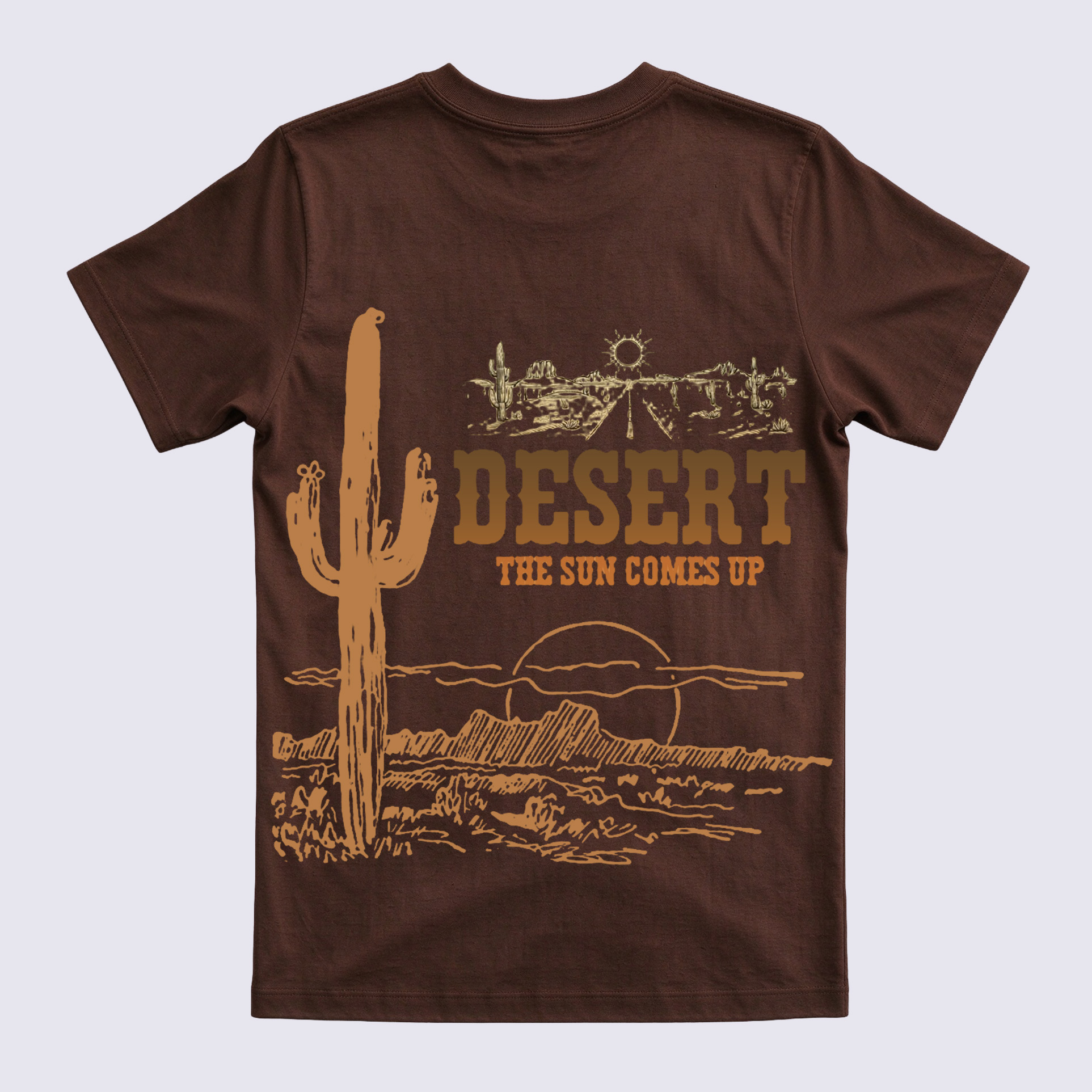 Retro Cactus Landscape Back Graphic Crewneck Short Sleeve T-Shirt