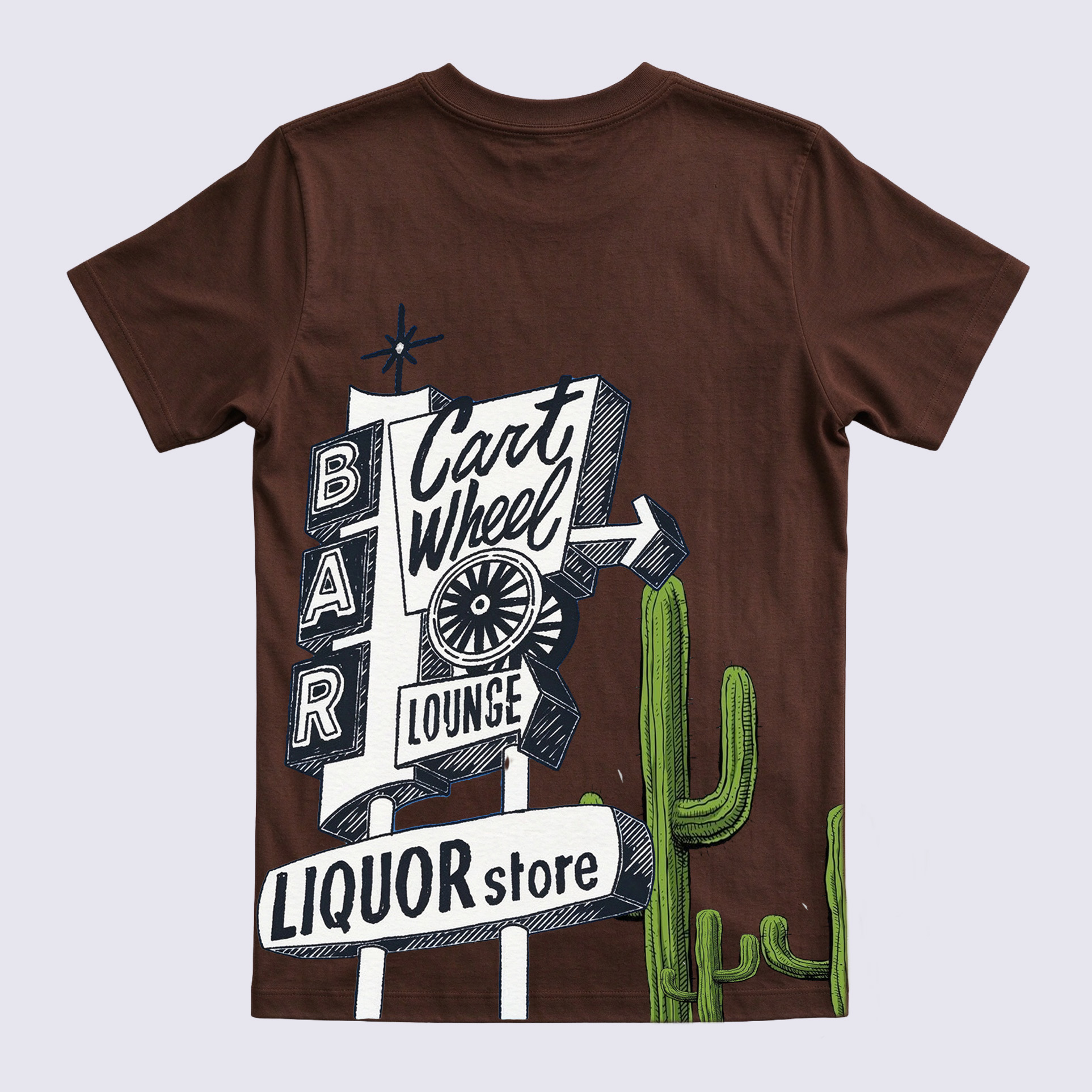 Retro Cart Wheel Lounge Cactus Back Graphic Crewneck Short Sleeve T-Shirt