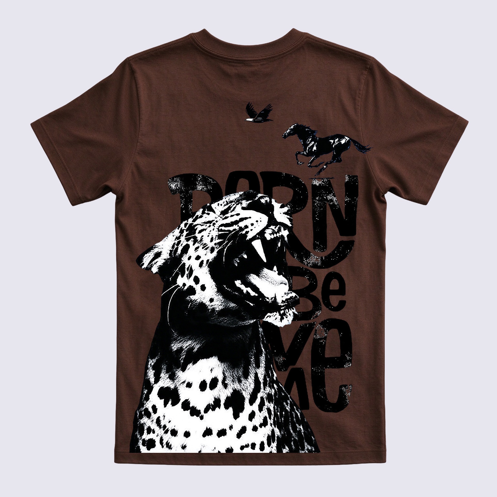 Born Wild Leopard Running Horse Eagle Back Print T-Shirt