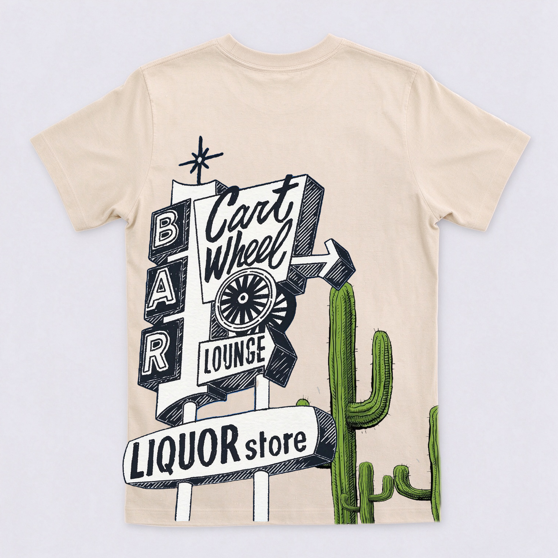 Retro Cart Wheel Lounge Cactus Back Graphic Crewneck Short Sleeve T-Shirt