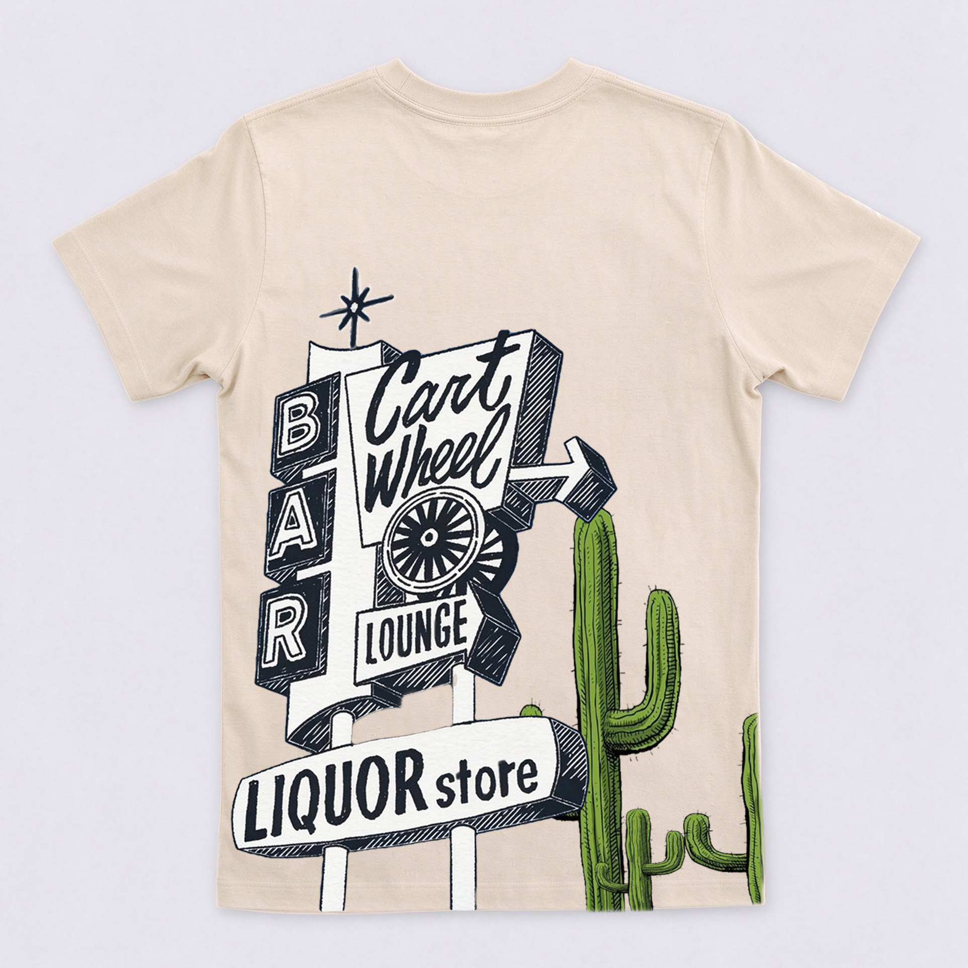 Retro Cart Wheel Lounge Cactus Back Graphic Crewneck Short Sleeve T-Shirt