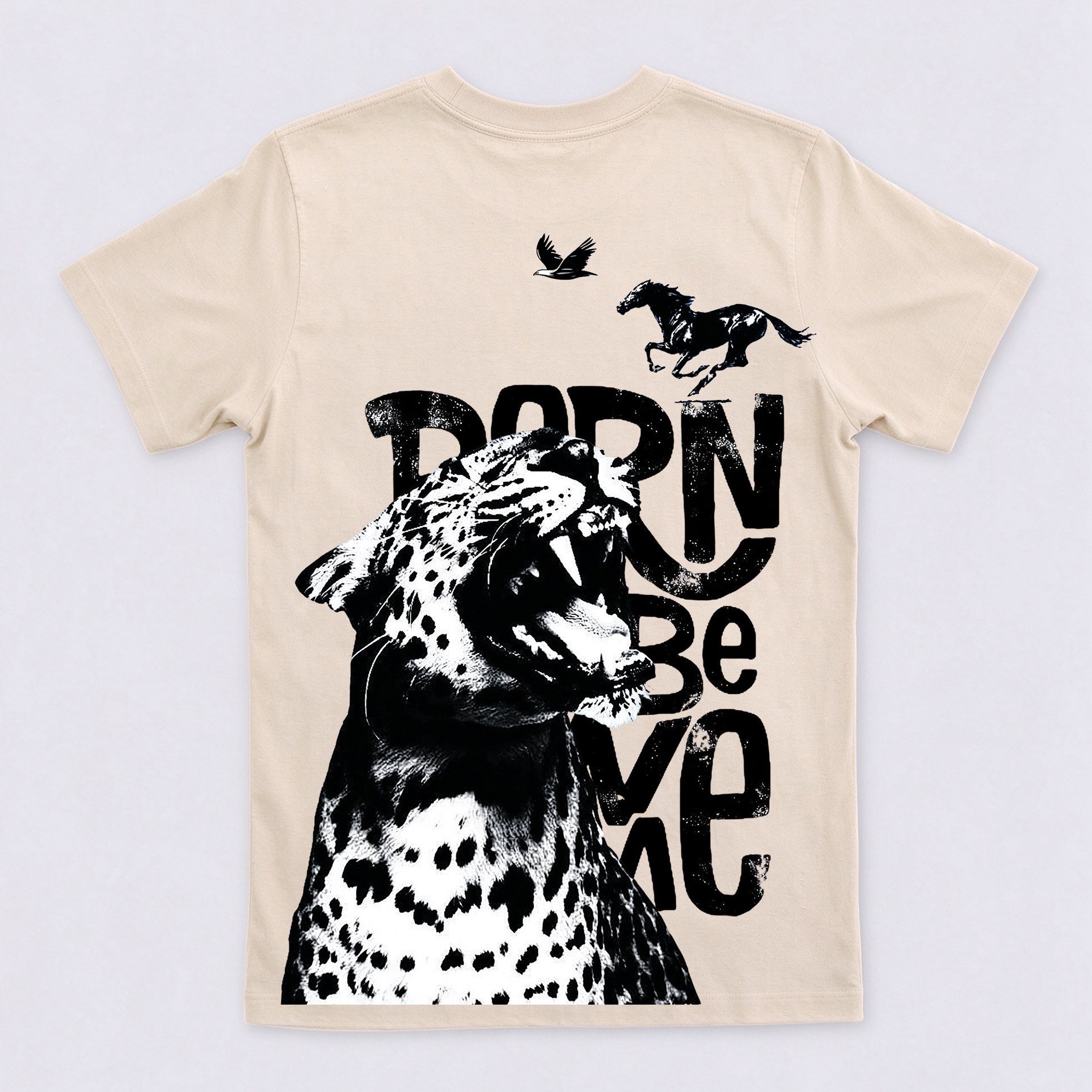 Born Wild Leopard Running Horse Eagle Back Print T-Shirt