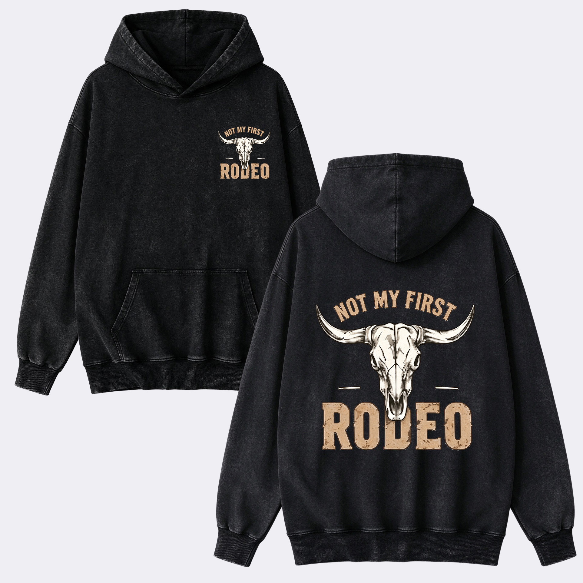 Vintage Bull Skull Back Printed Washed Hoodie
