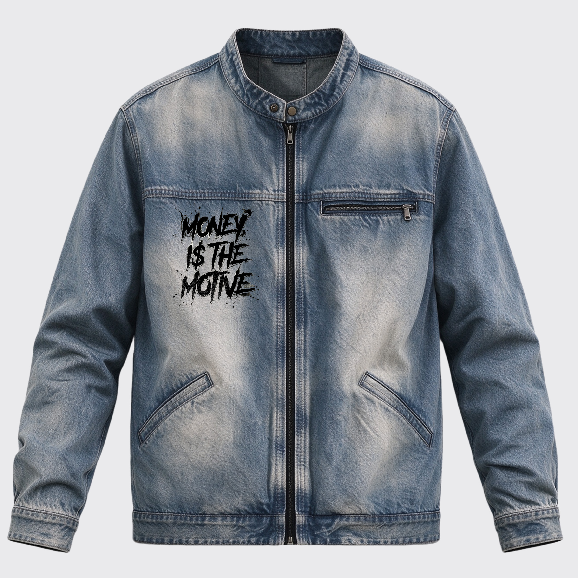 Vintage Western Money Is The Motive Back Print Graphic Denim Jacket