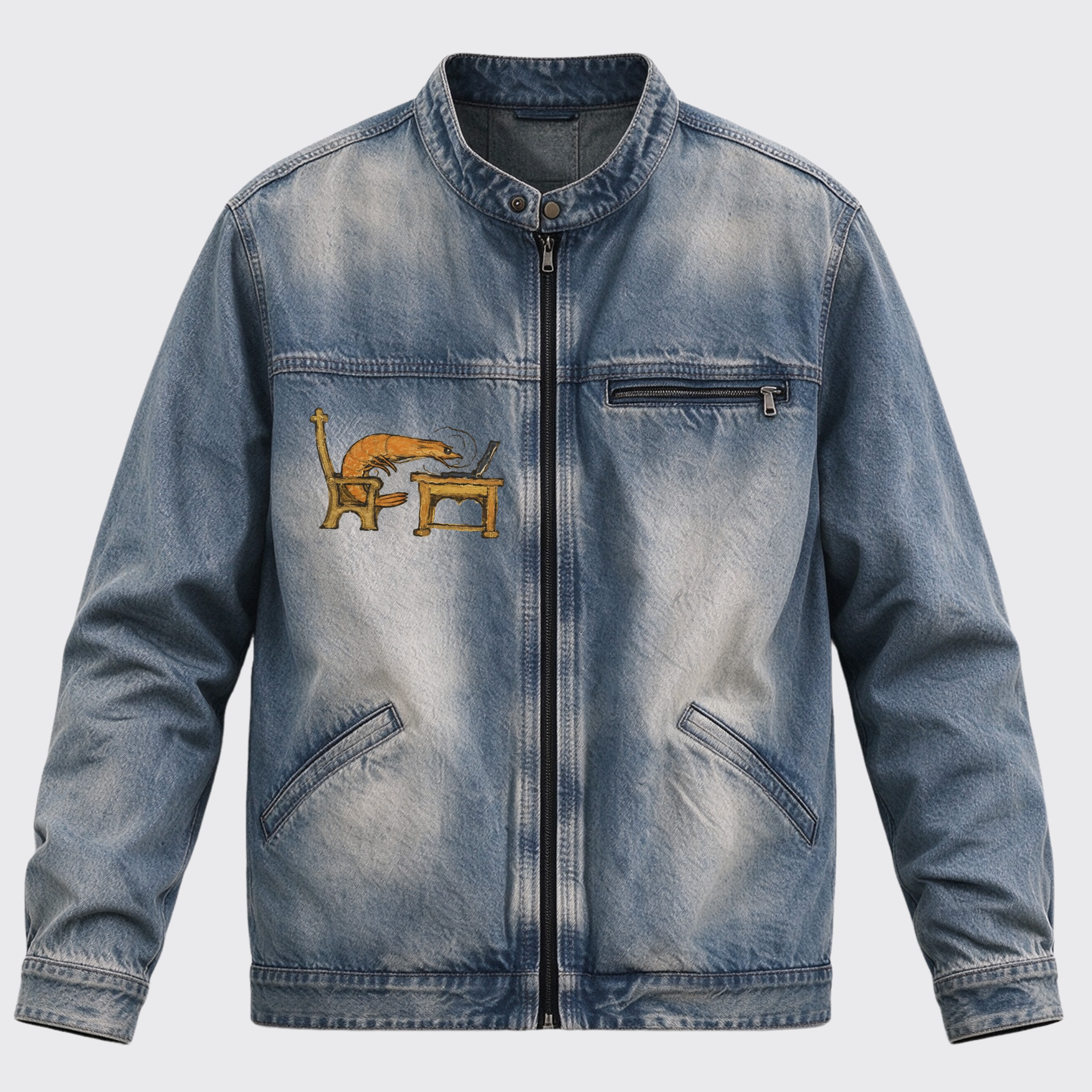 Vintage Medieval Shrimp Working On Laptop Back Print Graphic Denim Jacket