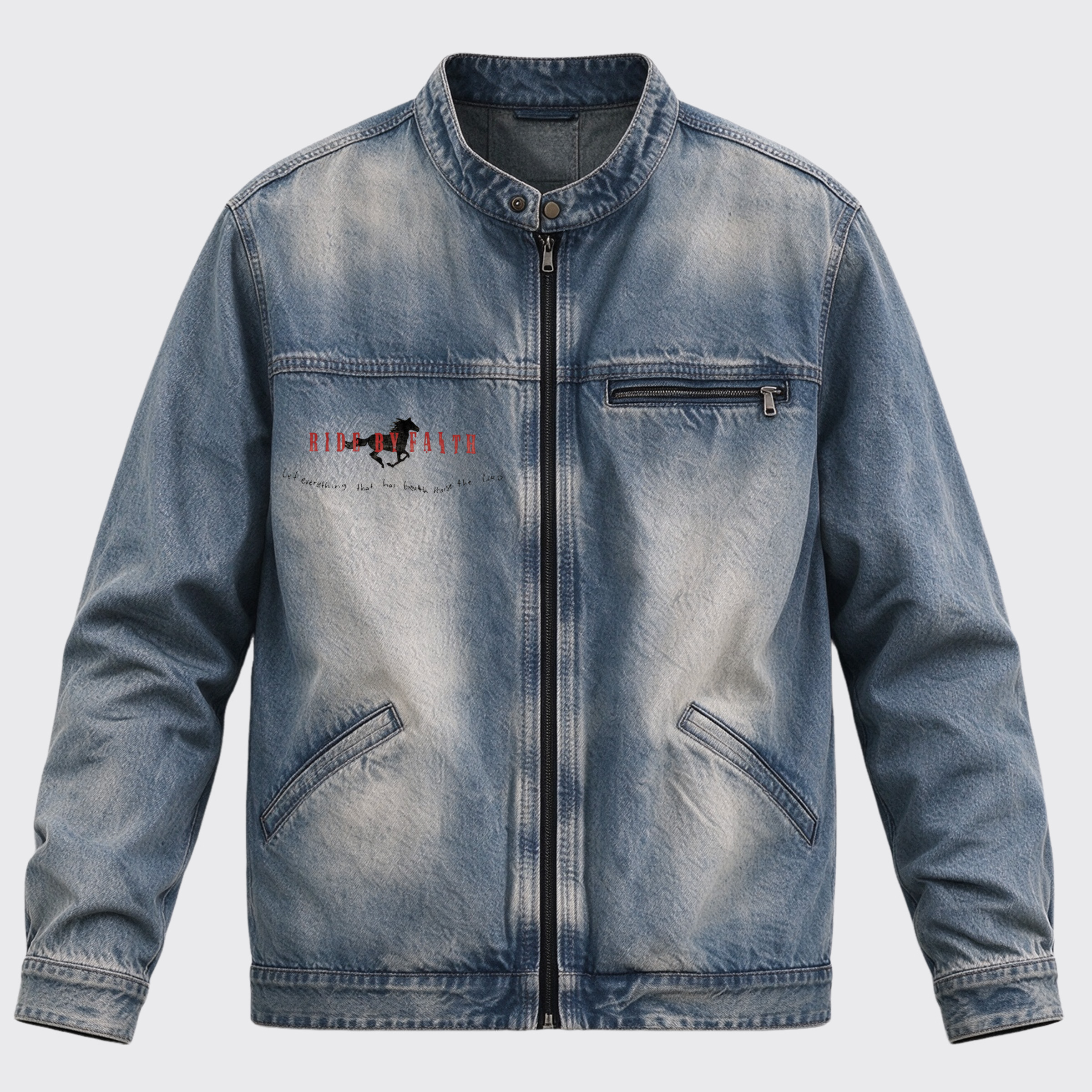 Vintage Western Ride By Faith Horse Back Print Graphic Denim Jacket