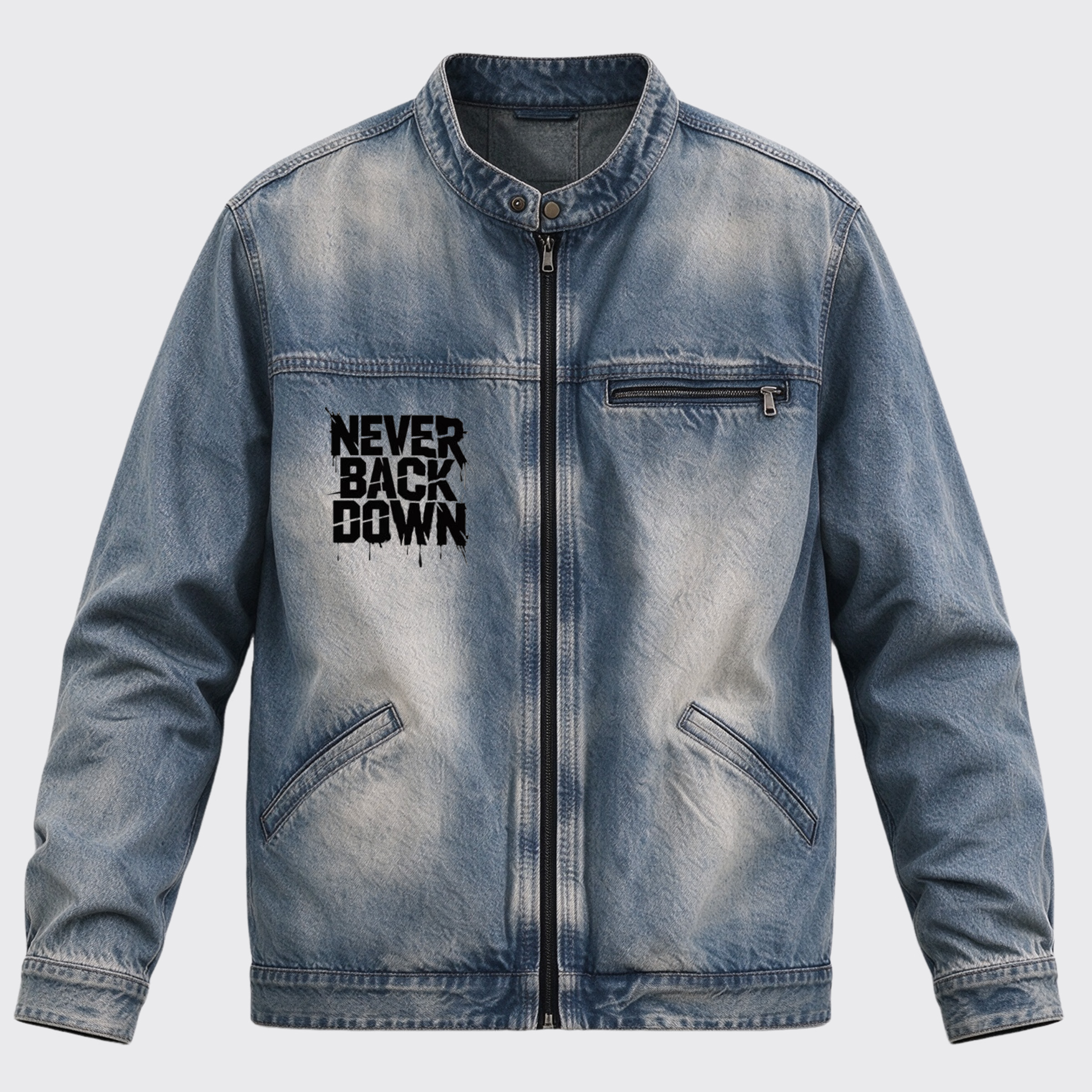 Vintage Western Never Back Down Two Cowboys Back Graphic Stand Collar Zip Jacket