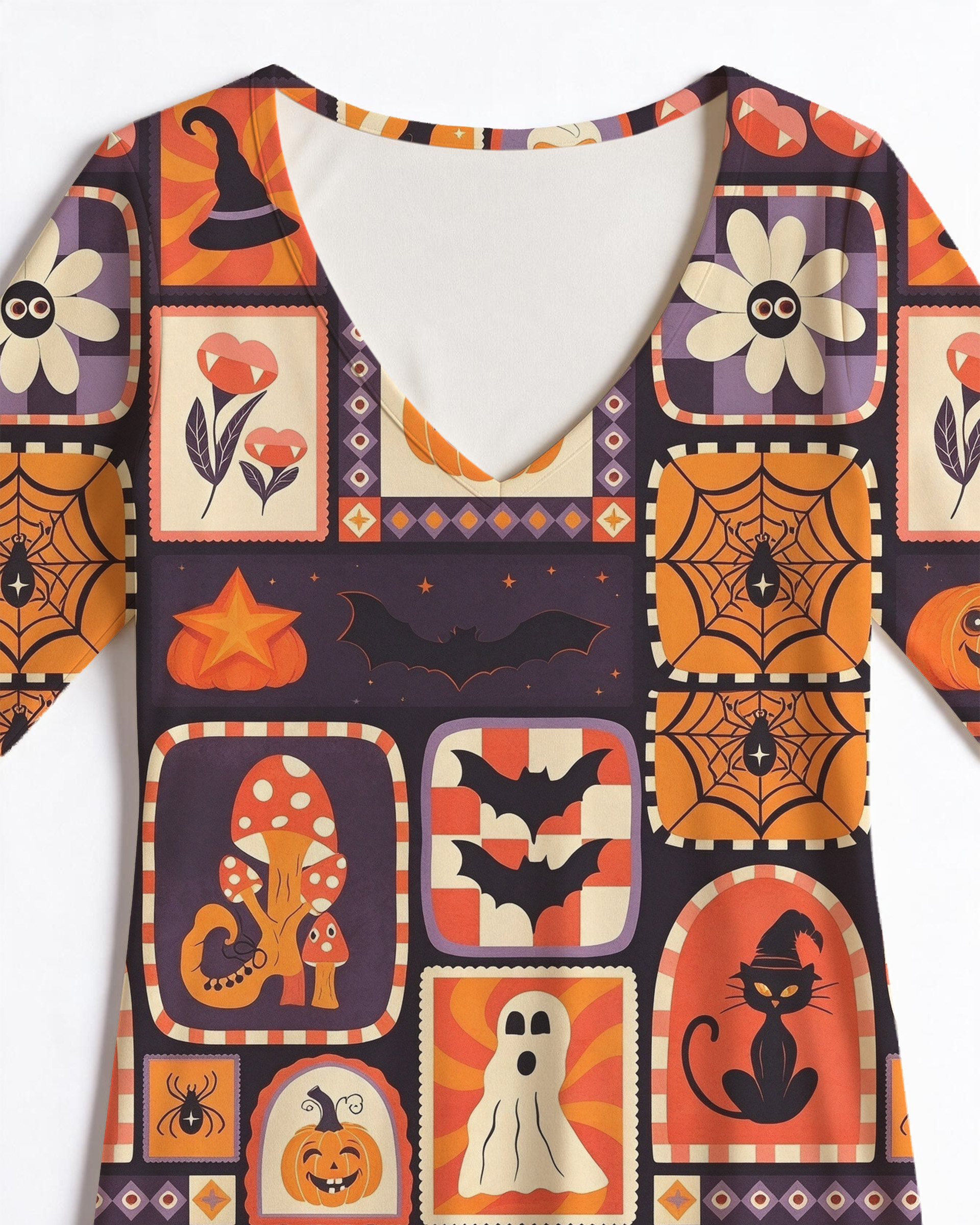 Fun Pumpkin Ghost Bat Spider Web Western V-Neck Printed Dress | Allover Print