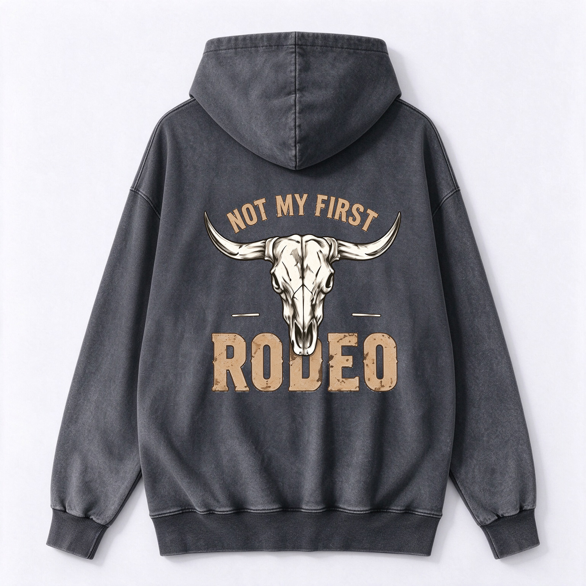 Vintage Bull Skull Back Printed Washed Hoodie
